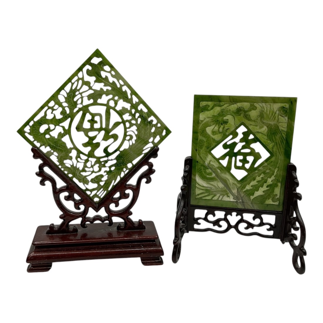 Chinese Carved Jade Plaques on Wooden Stands with Longevity Motif (1 of 2)