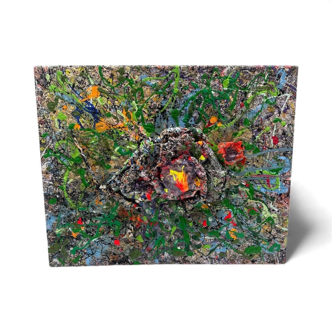 Pingo – Prejuce: A dynamic abstract work bursting with intensity, “Prejuce” showcases Pingo’s signature blend of saturated color fields, spontaneous markings, and layered textures. Vivid reds and