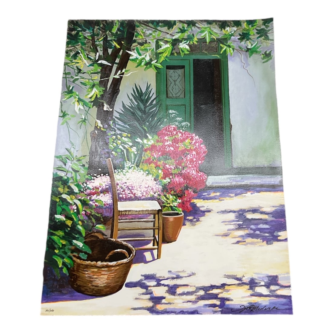 Sunlit Courtyard by Igor Medvedev Signed Artwork: Bright and inviting courtyard scene by Igor Medvedev, depicting a sun-dappled patio with flowering plants, woven baskets, and a rustic chair set against an architectural doorway. The composition captu