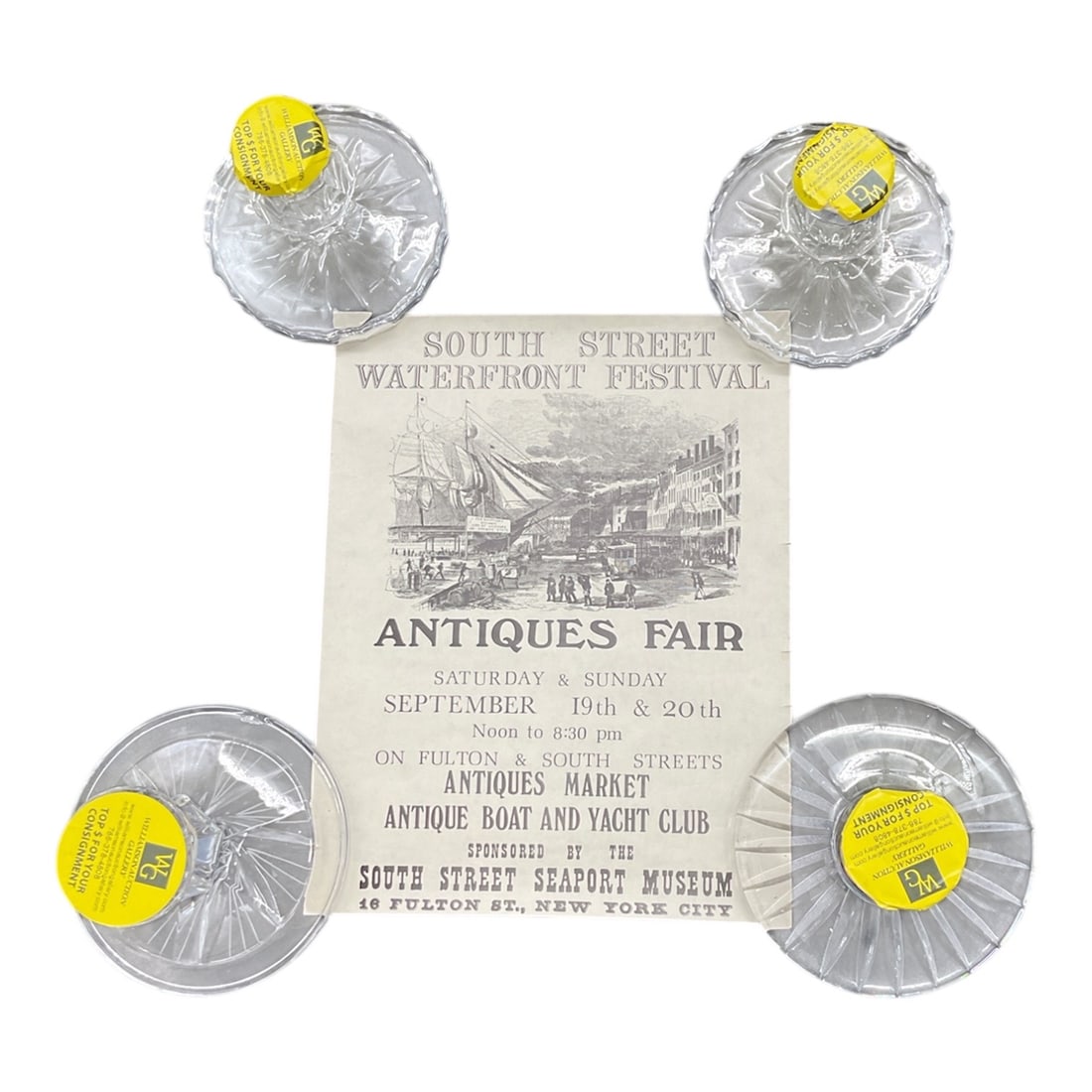 South Street Waterfront Festival Antiques Fair Double-Sided Flyer: Vintage double-sided printed flyer. One side promotes the South Street Waterfront Festival Antiques Fair held at South Street Seaport in New York City, with an illustration of the waterfront and event