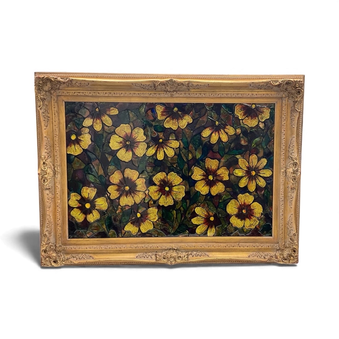 Manolo Nunez – Yellow Floral Panel: Textured floral artwork featuring a dense arrangement of yellow flowers with shimmering accents set against a dark multicolor background. Characteristic of Cuban artist Manolo Nunez’s