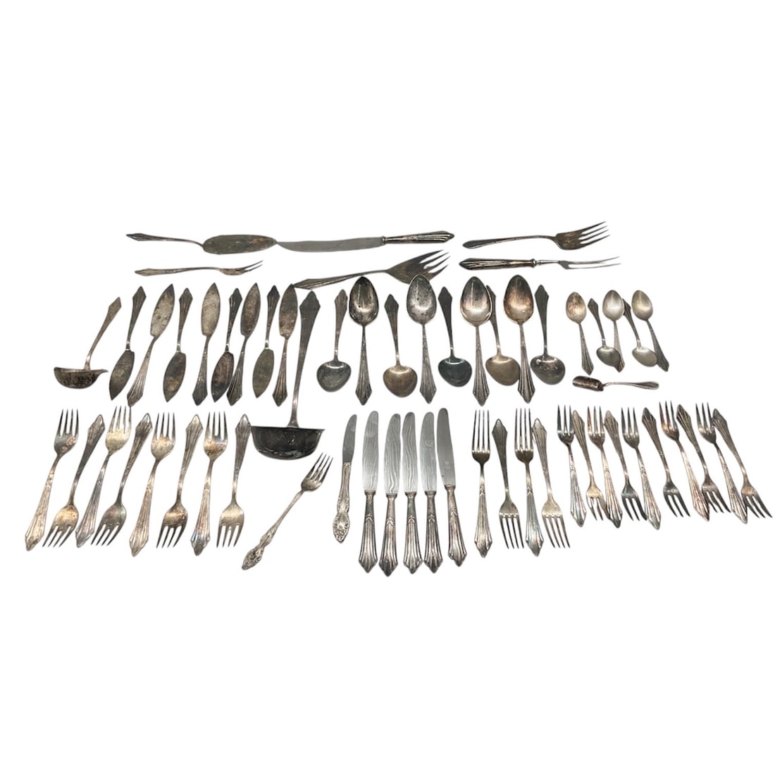 60 pc Mixed WMF German Silver Plate & American Silverplate Flatware Service: Assorted group of silver plate flatware including examples by Württembergische Metallwarenfabrik (WMF), marked “WMF 90,” “WMF Patent 90 18,” and “WMF 90 24,”