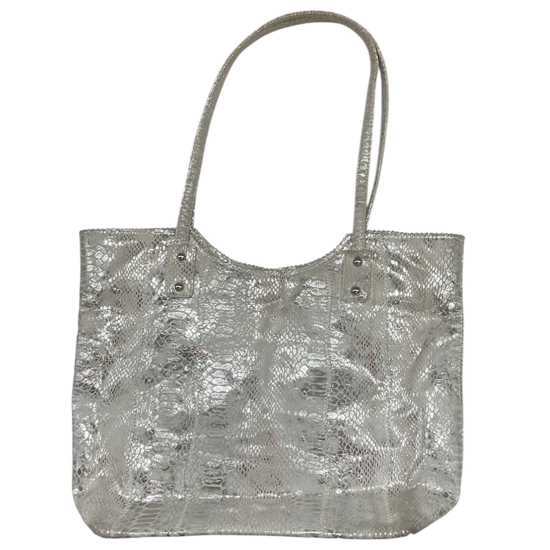 Sondra Roberts Squared Metallic Snakeskin-Embossed Tote Bag: Sondra Roberts Squared metallic snakeskin embossed tote bag. Silver tone exterior with dual shoulder straps and fabric-lined interior featuring a zip pocket. Measures approximately 16 inches long, 5