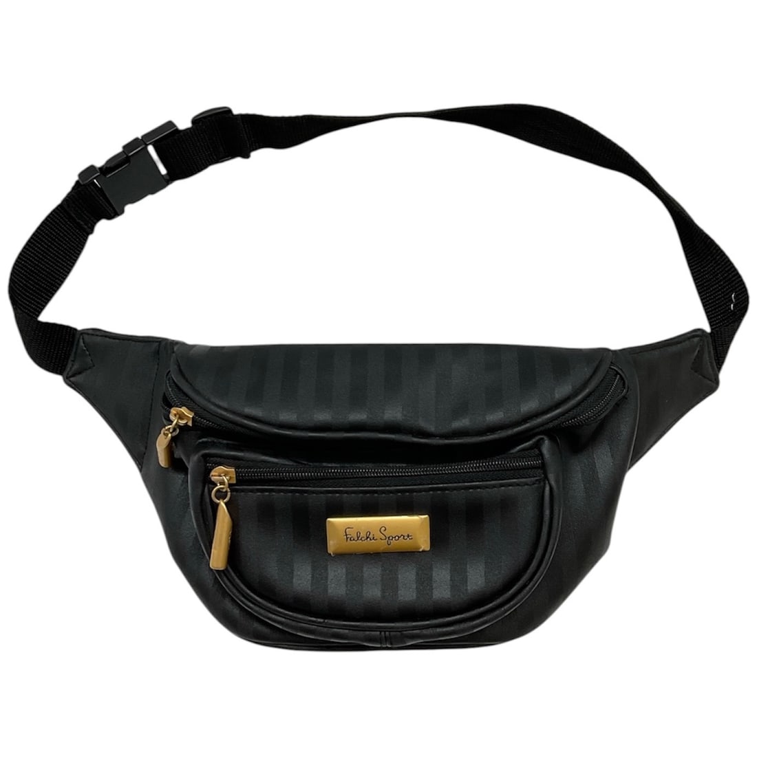 Falchi Sport Black Striped Waist Bag: A sleek Falchi Sport waist bag crafted in black with a subtle tonal striped finish. The bag features multiple zippered compartments for organized storage, gold-tone hardware accents, and an adjustable