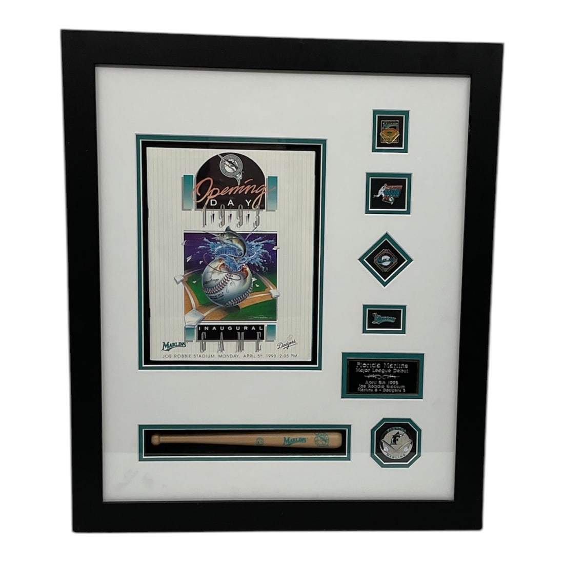 Florida Marlins Inaugural Game Commemorative Shadowbox (USA, 1993) Mixed Media: This professional commemorative shadowbox celebrates the Florida Marlins' Major League debut at Joe Robbie Stadium on April 5, 1993. The central feature is a colorful "Opening Day 1" pro