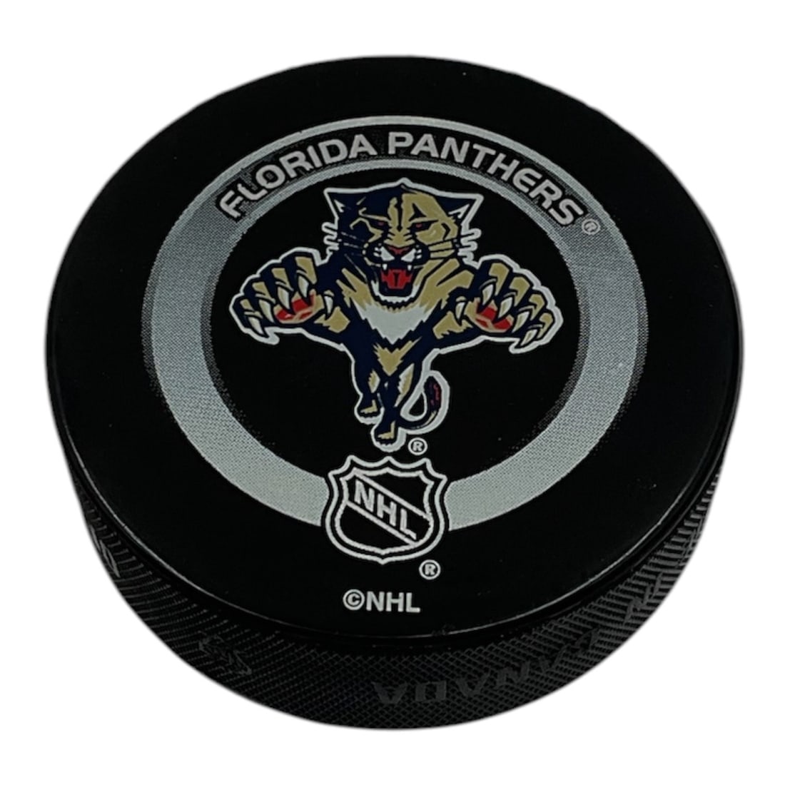 Florida Panthers Autographed NHL Official Game Puck by Branislav Mezei (Slovakia, B.1980): This official NHL game puck features the Florida Panthers primary logo on the obverse and is hand-signed by defenseman Branislav Mezei in silver paint pen across the reverse. Mezei played for the Pant