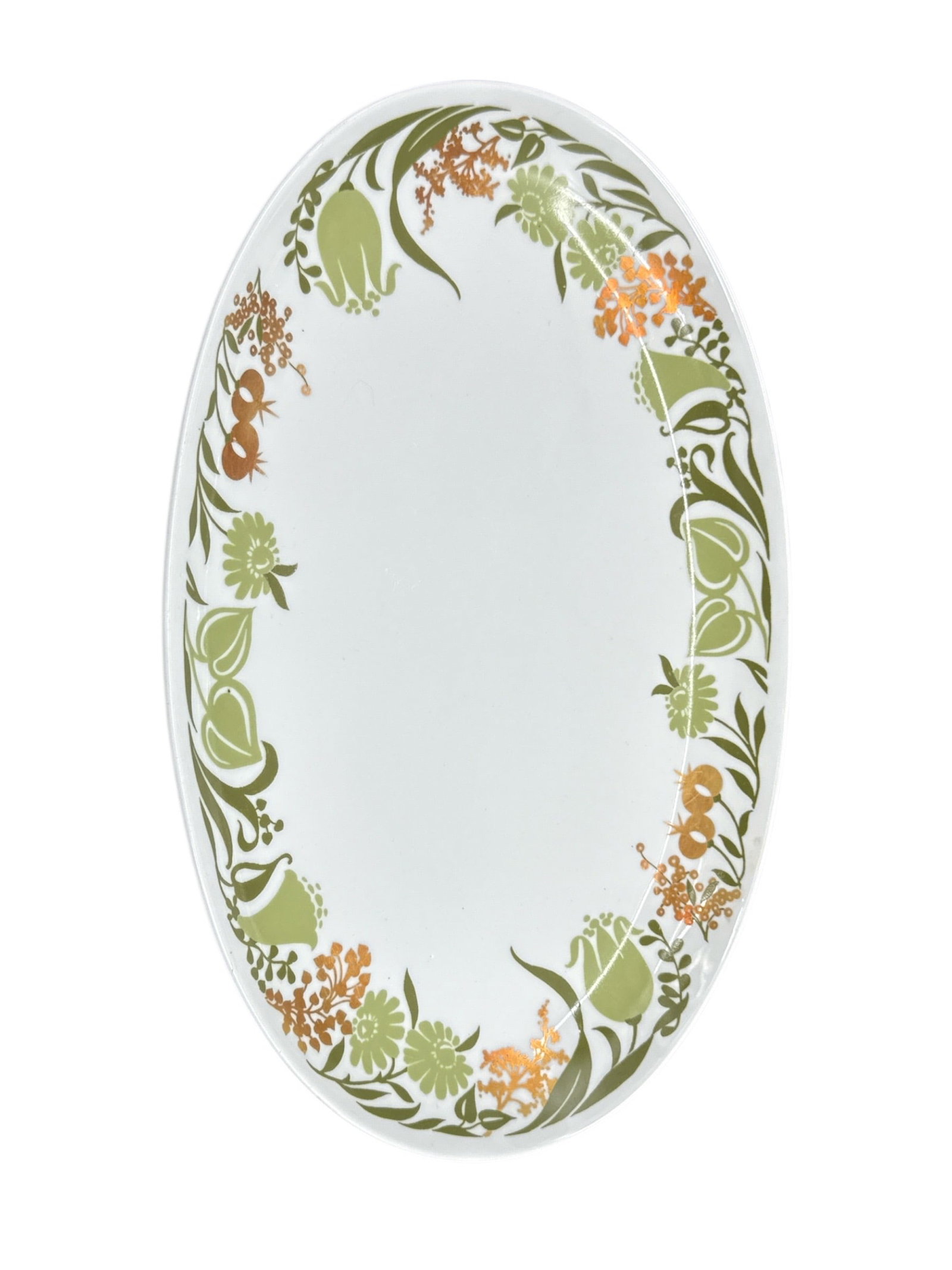 German Porcelain Oval Serving Platter with Floral Border: Oval porcelain serving platter featuring a white ground decorated with a stylized floral and foliate border in green and warm orange tones. The elongated oval form and clean center make it suitable