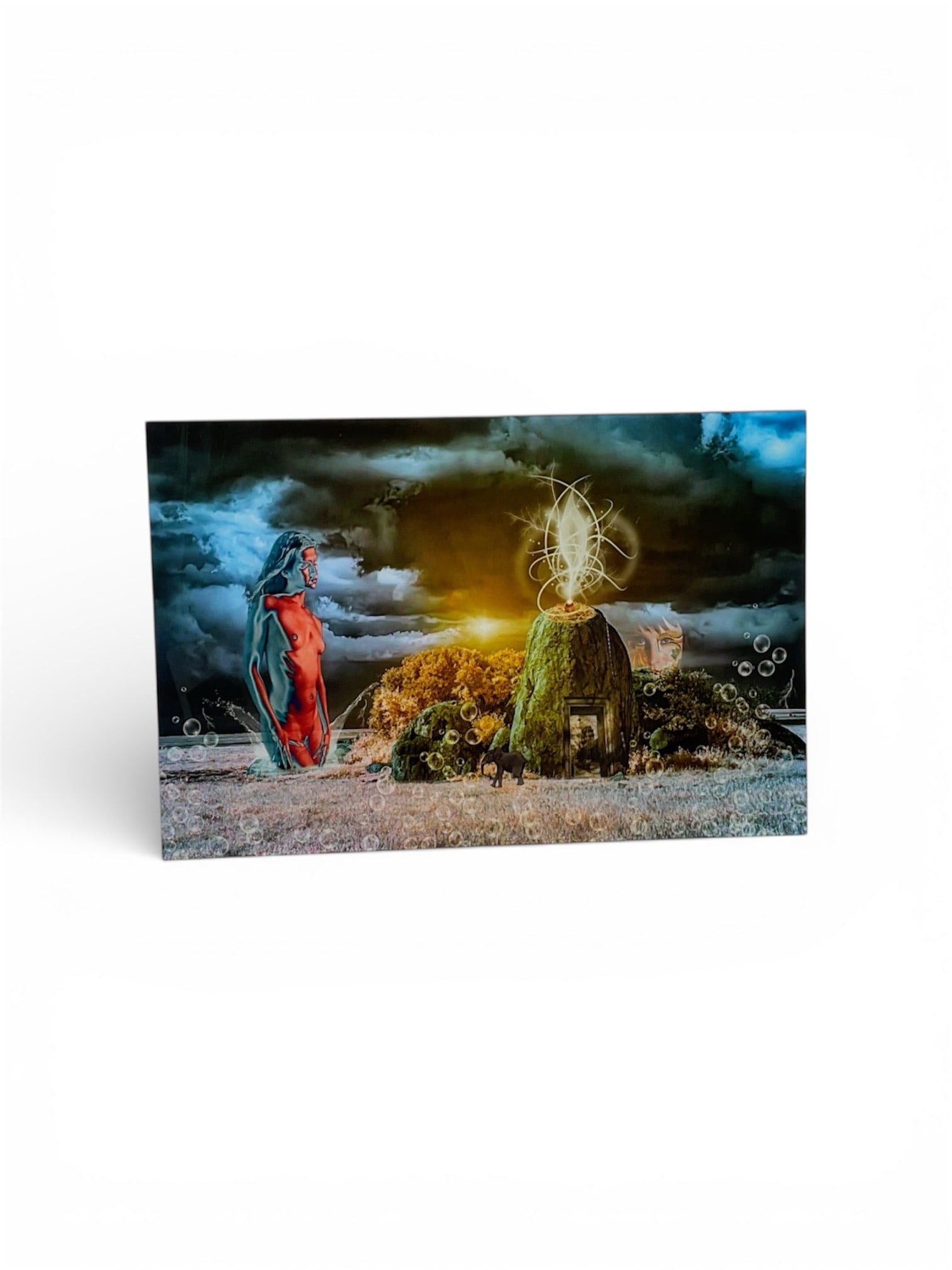 Sam Dobrow Protectorate of Humanity Surreal Figurative Giclée 2023 in the style of Salvador Dali: Surreal figurative giclée by Sam Dobrow titled Protectorate of Humanity, featuring a dramatic, mythic scene set within a stark and symbolic landscape. A robed female figure stands in quiet