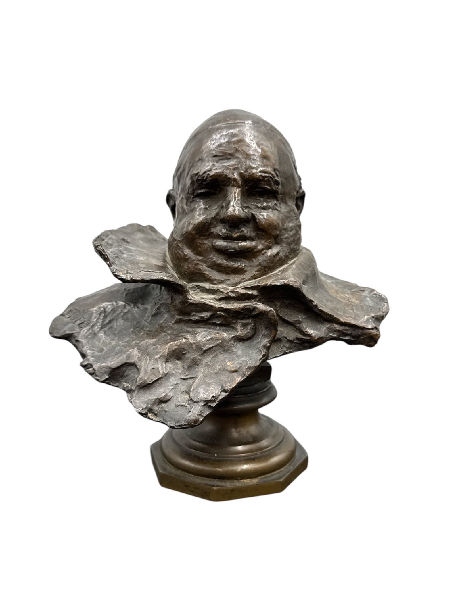 Vincenzo Gemito (Italian, 1852-1929), Il Filosofo (The Philosopher), a patinated bronze bust: Description: An impressive and characterful bronze bust depicting a smiling, bald gentleman with a rich, textured beard and a ruffled collar,