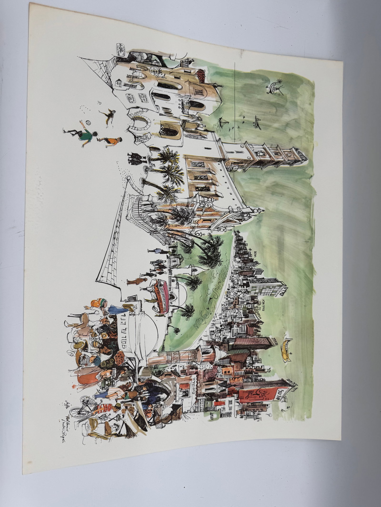 Tel Aviv by Papas: A lively illustration of Tel Aviv by Papas, portraying the city’s energetic atmosphere with detailed scenes of architecture, markets, and daily life. The artist combines humor and movement