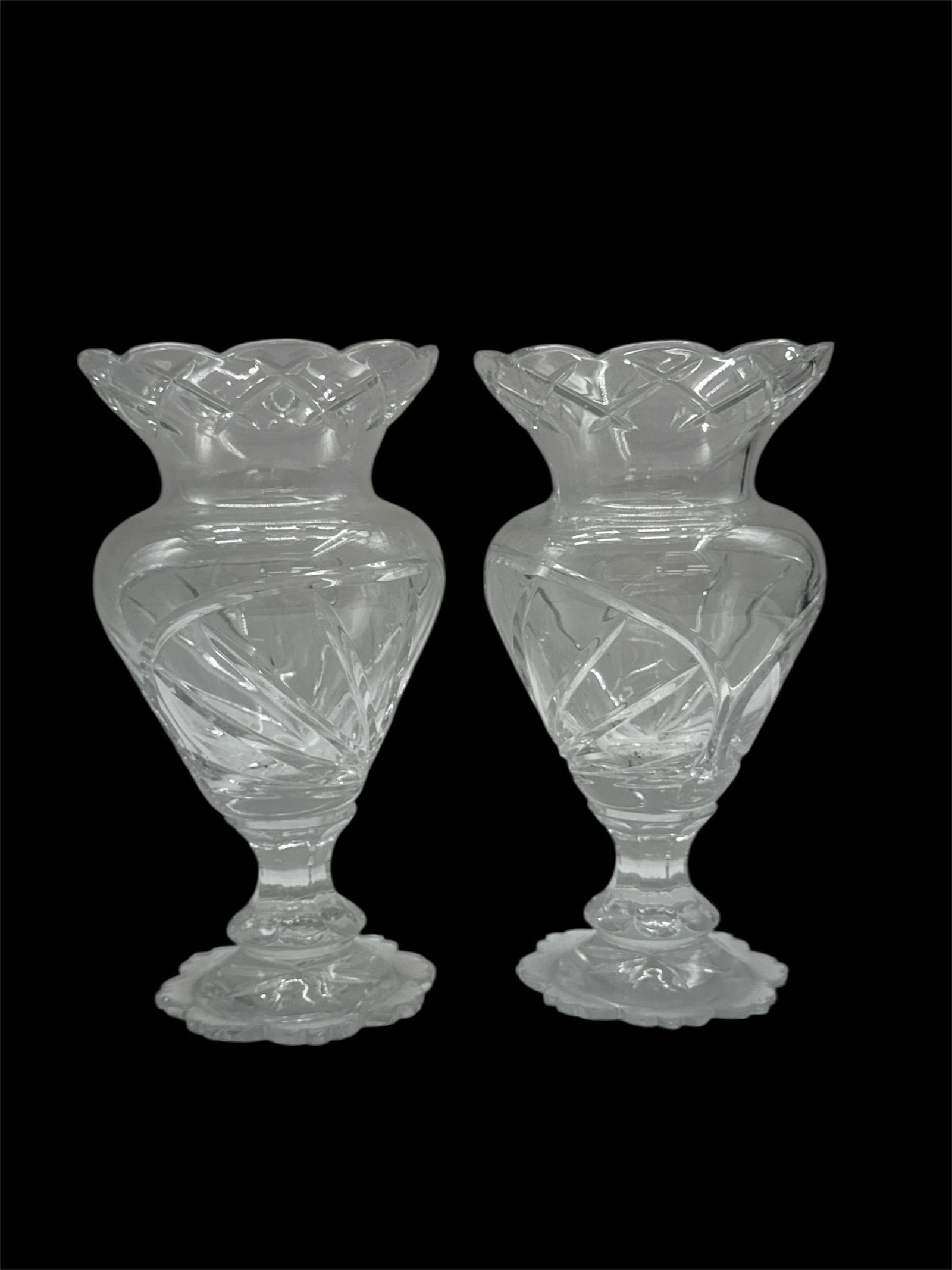 Pair of Etched Crystal Pedestal Vases with Scalloped Rim (1 of 2)