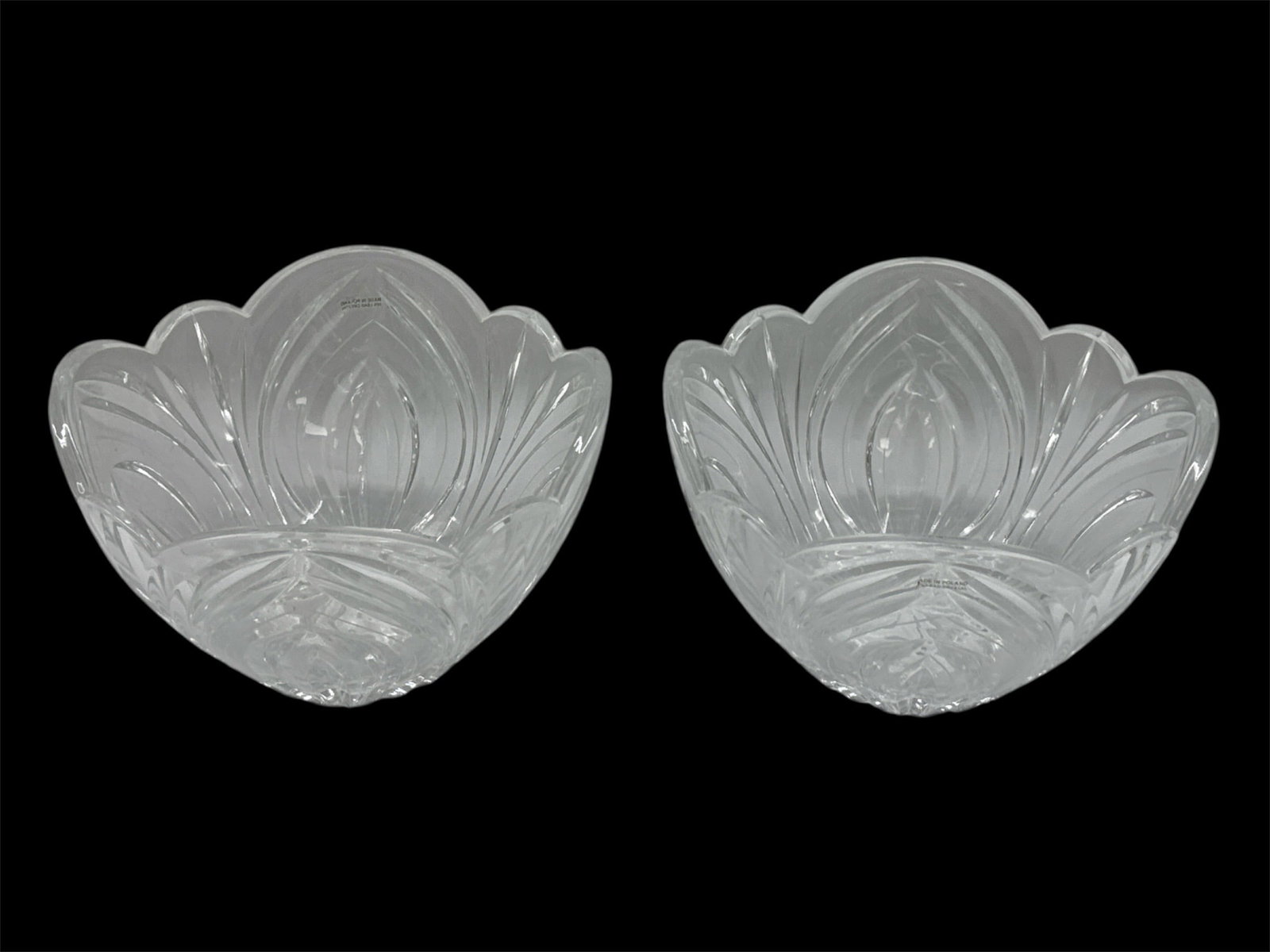 Pair of Frosted and Clear Art Glass Lotus Form Bowls: Beautiful pair of art glass bowls designed in a stylized lotus or petal form. Each bowl features layered petal-like panels with alternating frosted and clear finishes, creating depth and soft light