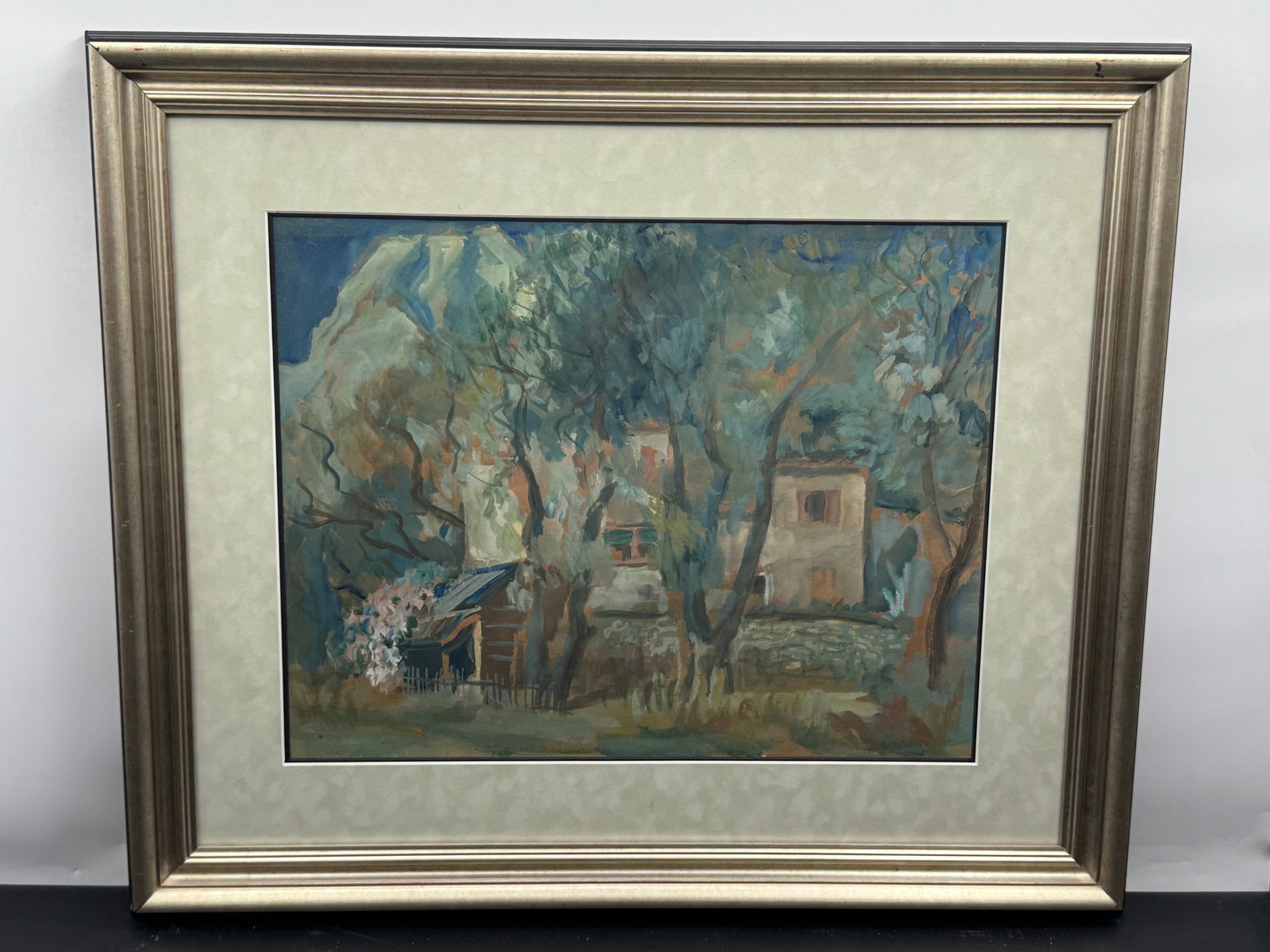 Vladimir Baranov-Rossiné (Ukraine, 1888-1944) Watercolor: Description: Framed oil painting by Ukrainian-Russian artist Vladimir Baranov-Rossiné, signed along the lower edge. The composition presents a serene village landscape rendered in the artist&rs