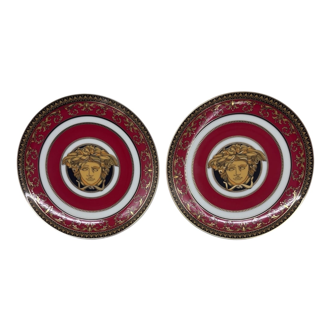 Set of 2: Rosenthal meets Versace "Medusa" Black, Red & Gold Porcelain Dinner Plates, c. 1990s: A magnificent, set of Two (2) dinner plates from the highly sought-after 