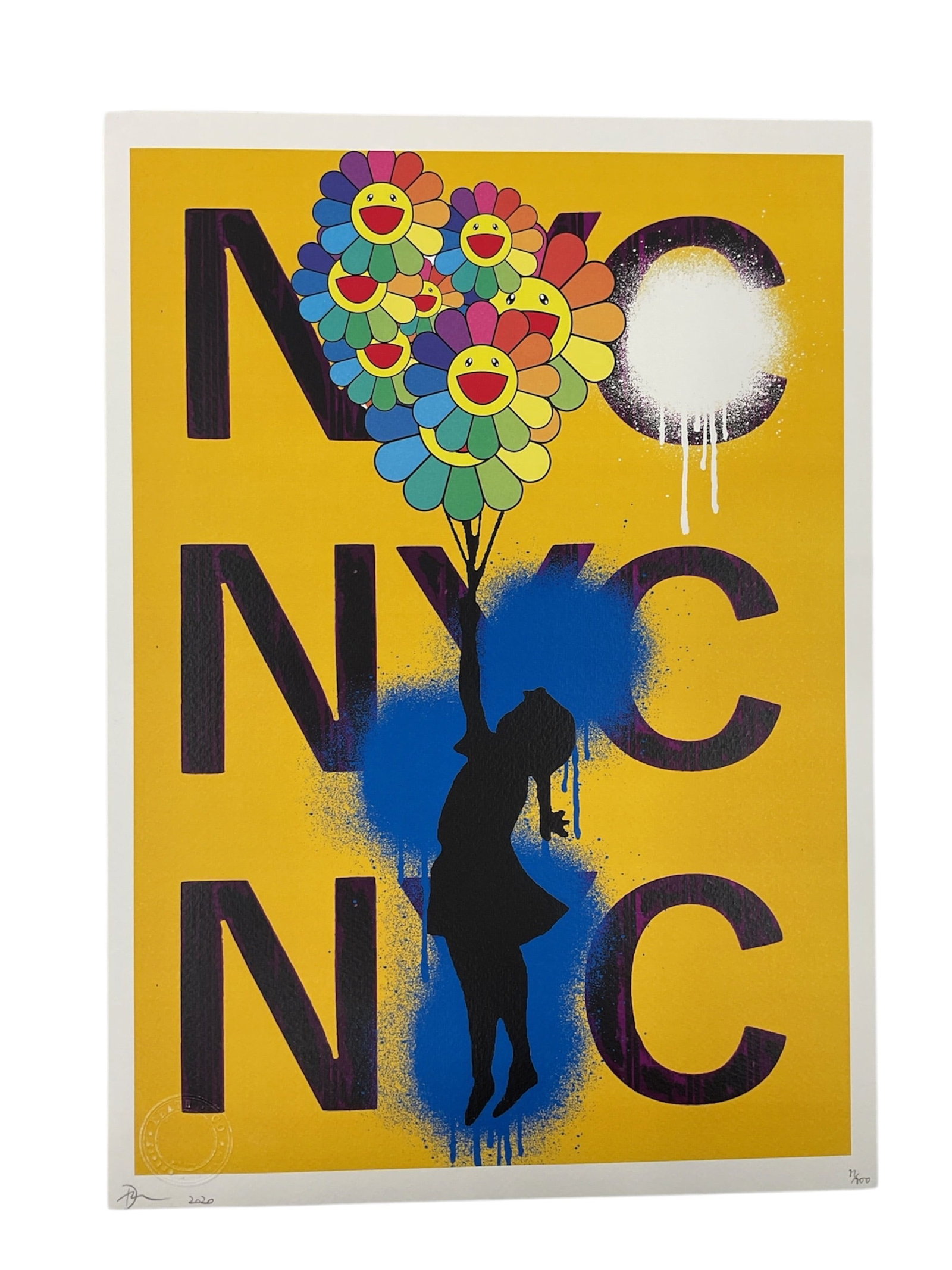 "Takashi Murakami" by Death NYC (USA, B.1979) Giclee and Mixed Media on Paper: This limited edition print by street artist Death NYC features a yellow background with "NYC" repeated in bold black lettering. The composition centers on a black silhouette of a girl being 