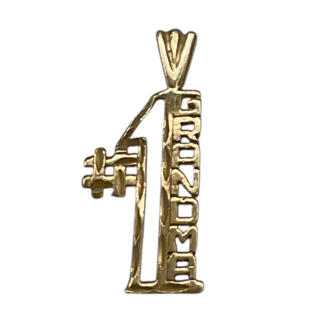 No. 1 Grandma 14kt Gold Pendant Charm: A charming 14kt gold pendant designed in a vertical plaque style reading No. 1 Grandma, accented with a small dangling charm element. The piece features a textured gold finish with cutout details and 