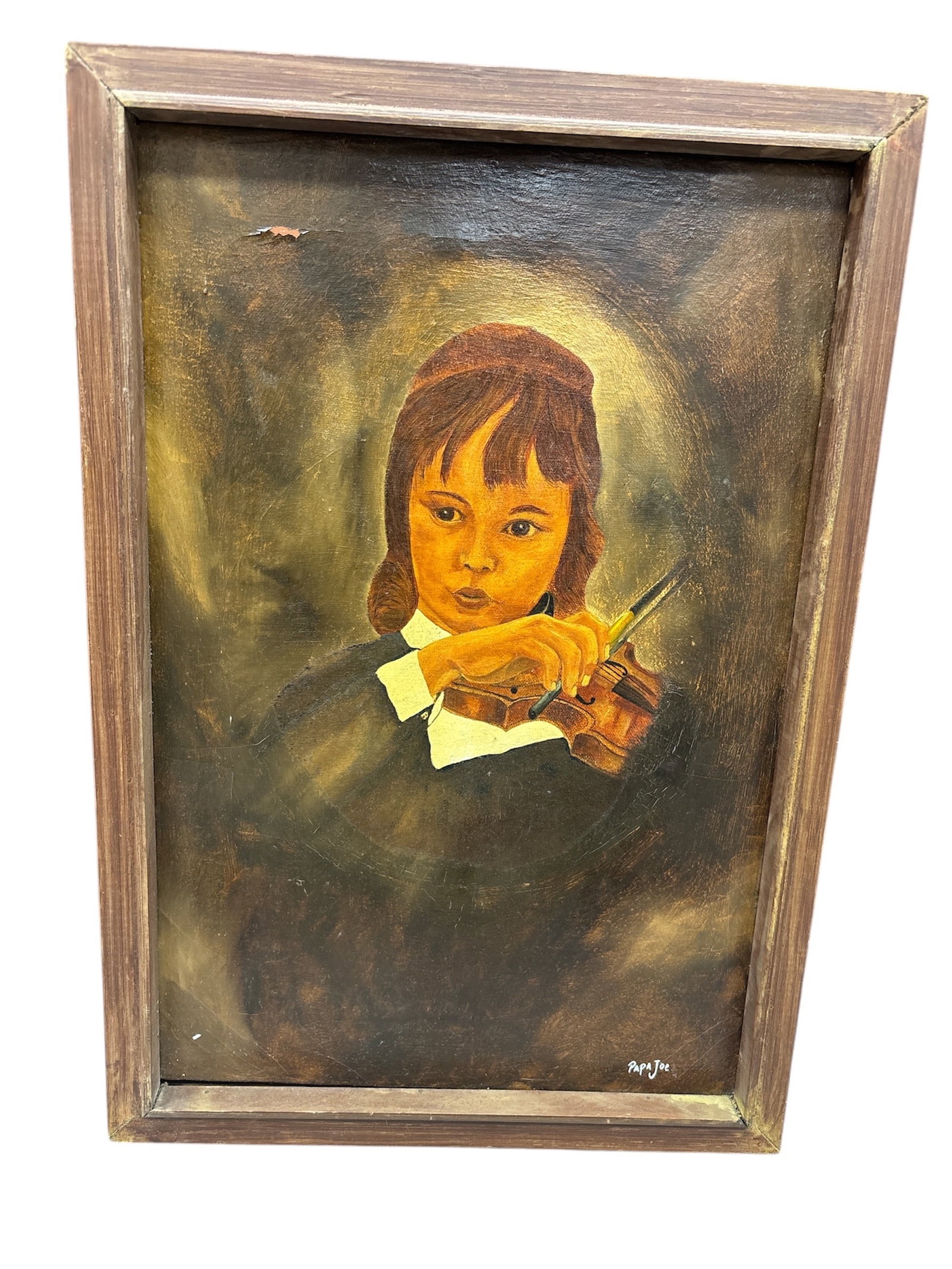 Vintage Mid-Century "Big Eye" Oil Painting - Child with Violin - MCM Kitsch Art (1 of 5)