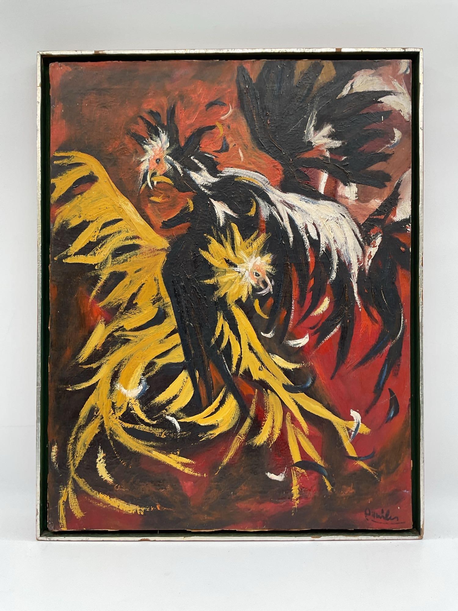 Pelea de Gallos Peruvian Oil Painting: Expressive oil painting depicting two roosters in mid-fight, rendered in bold strokes of black, yellow, and white against a fiery red-brown background, capturing the intensity and motion of the scene.