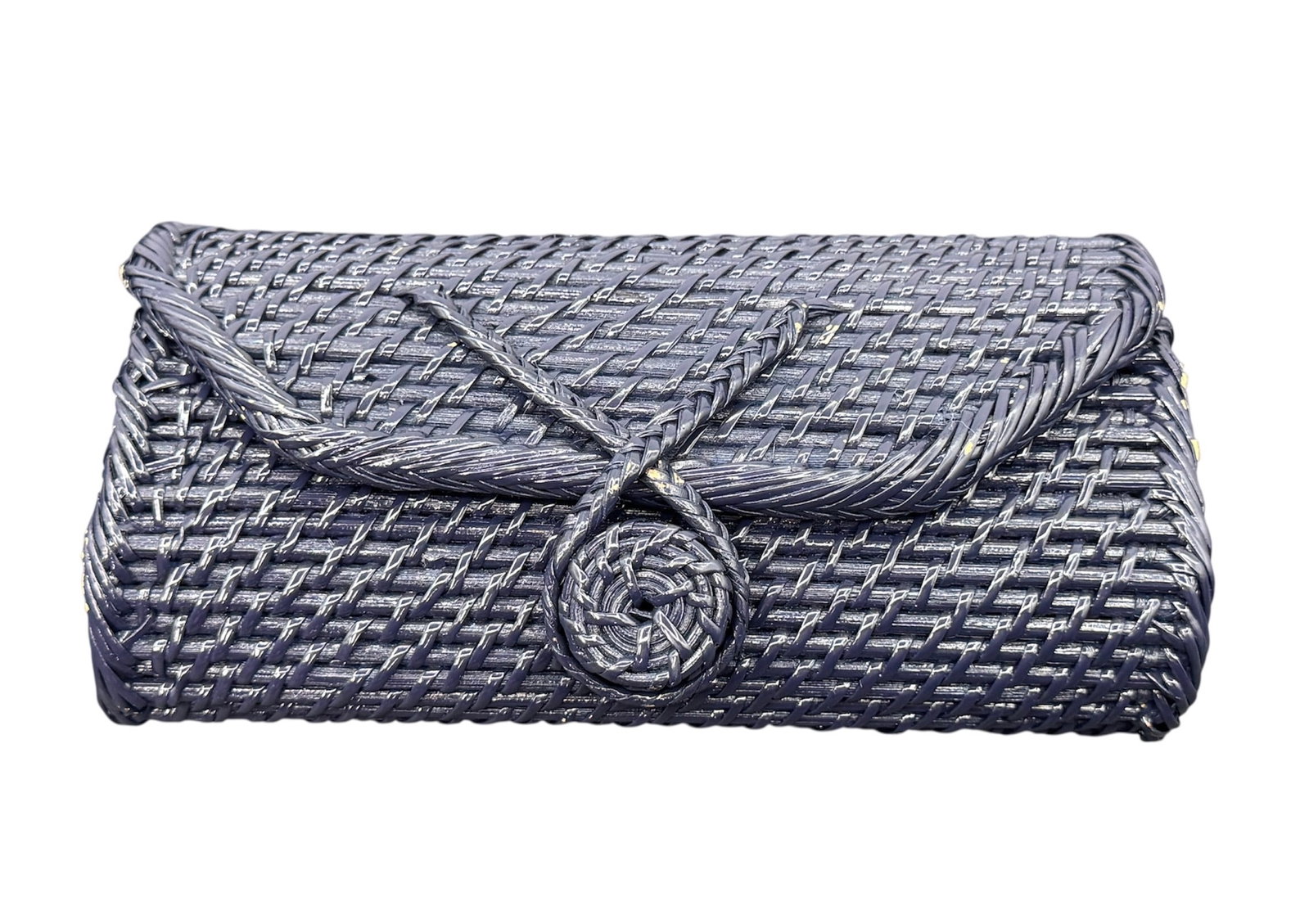 Lilley Line Style Black Handcrafted Woven Clutch Handbag: A black woven clutch handbag in the style of the Lilley Line, featuring an intricate handcrafted woven exterior that creates a richly textured surface. The bag displays a classic envelope style flap c