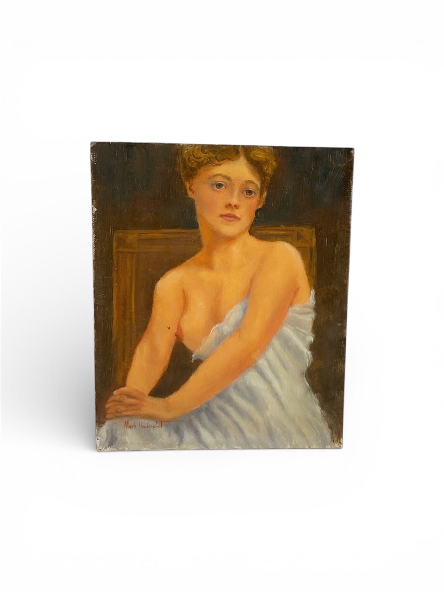 Mark Hendershot Original Oil on Board Portrait of a Woman in White: This original oil on board portrait by Mark Hendershot captures a sense of timeless elegance through its focused study of light and texture. The artist utilizes a sophisticated, limited palette to
