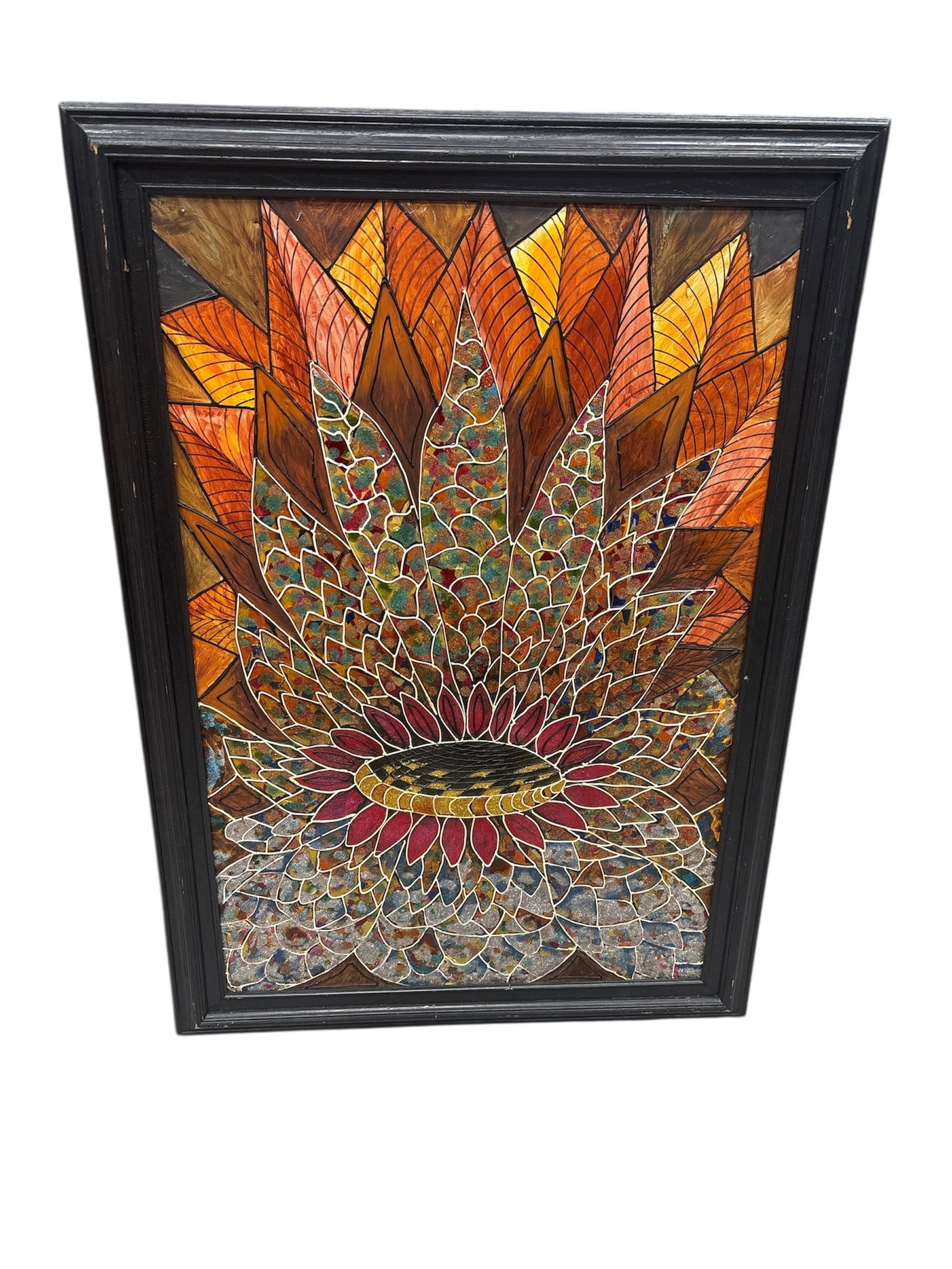 Fiery Sunflower: Unique "mosaic style" painting featuring fall colors showcasing a fiery sunflower. Dimensions: 29 by 41 inches. 