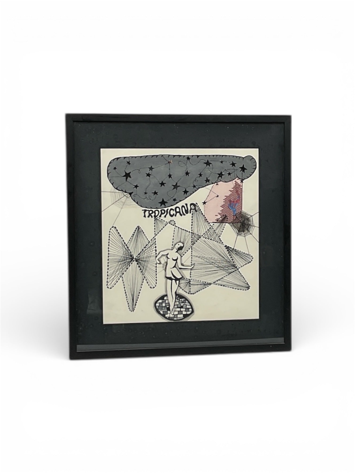 Tropicana Surrealist Mixed Media Composition: This intriguing mixed media work presents a surrealist tableau that blends pop culture iconography with mid-century cabaret aesthetics. At the center of the composition, a stylized female dancer