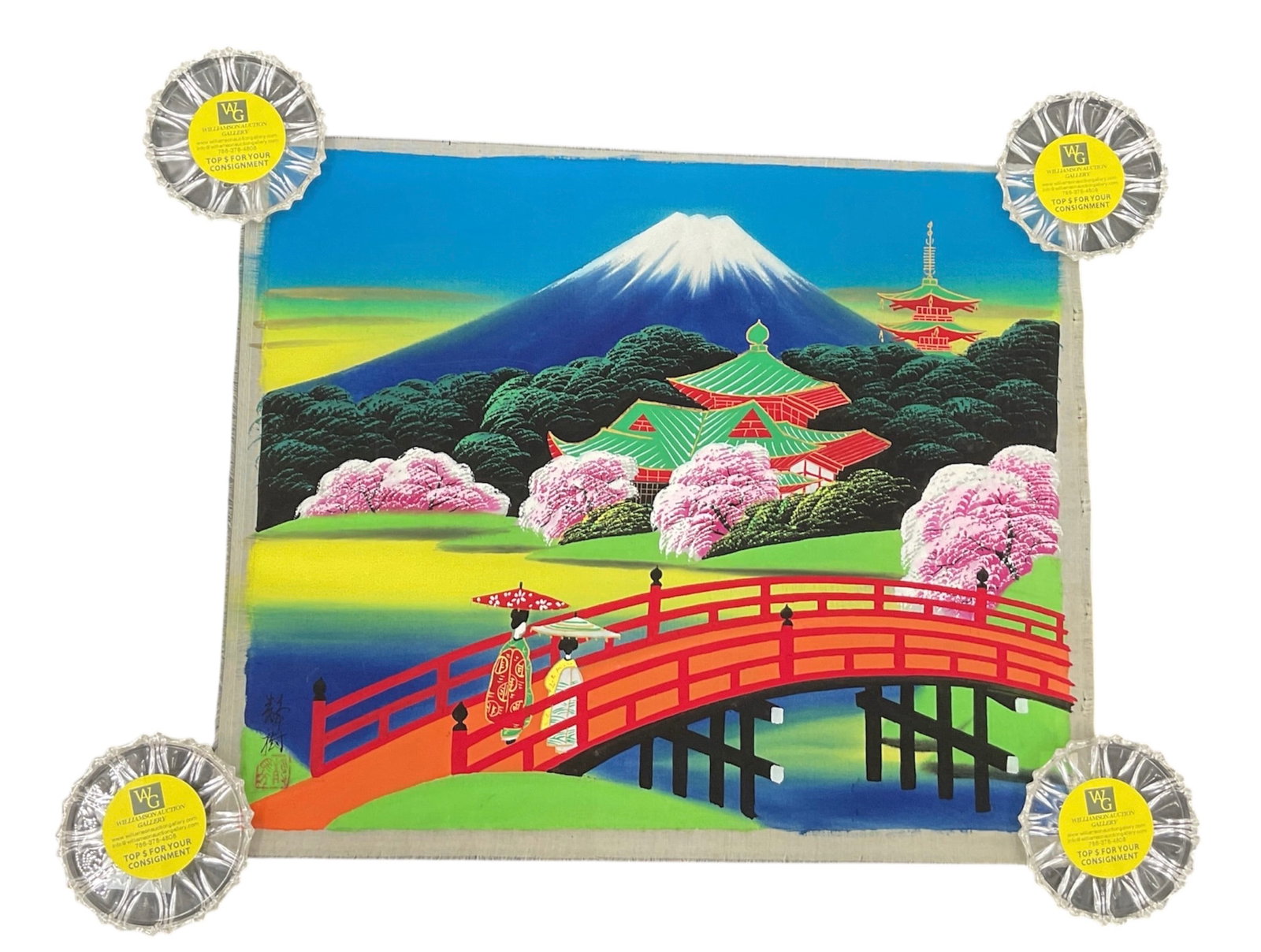 Vintage Japanese Silk, Mount Fuji: This image is a vintage Japanese silk painting (also referred to as a silkscreen print) depicting a vibrant landscape of 