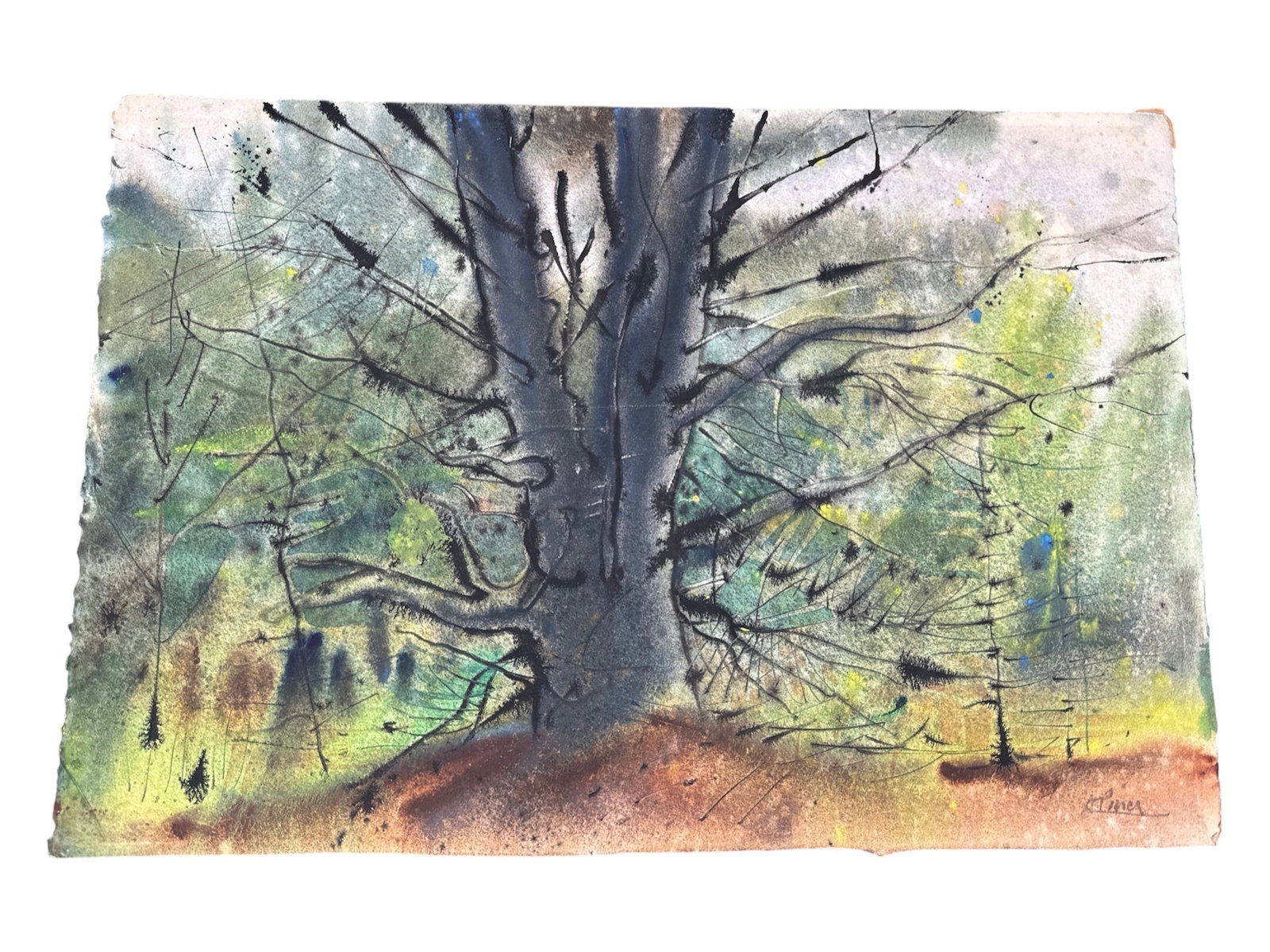 Forest Silhouette in Amber and Vert Watercolor: Forest Silhouette in Amber and VertDimensions: 15 in x 22 in