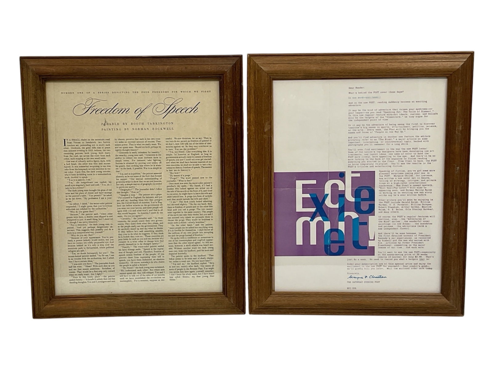 "Freedom of Speech" and "Excitement" by Norman Rockwell (United States, 1894-1978) Two Framed: This lot features two professionally framed interior pages from The Saturday Evening Post. The first piece is the "Freedom of Speech" essay page, featuring a parable by Booth Tarkington alon