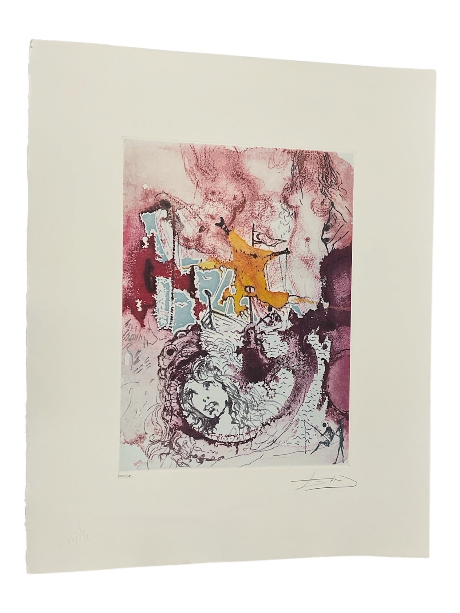 Salvador Dali Mayflower Color Lithograph 200/245: A limited edition color lithograph on heavy rag paper by Salvador Dali titled Mayflower, dated 1974. The composition features a surreal and imaginative scene with abstract forms and delicate figural e