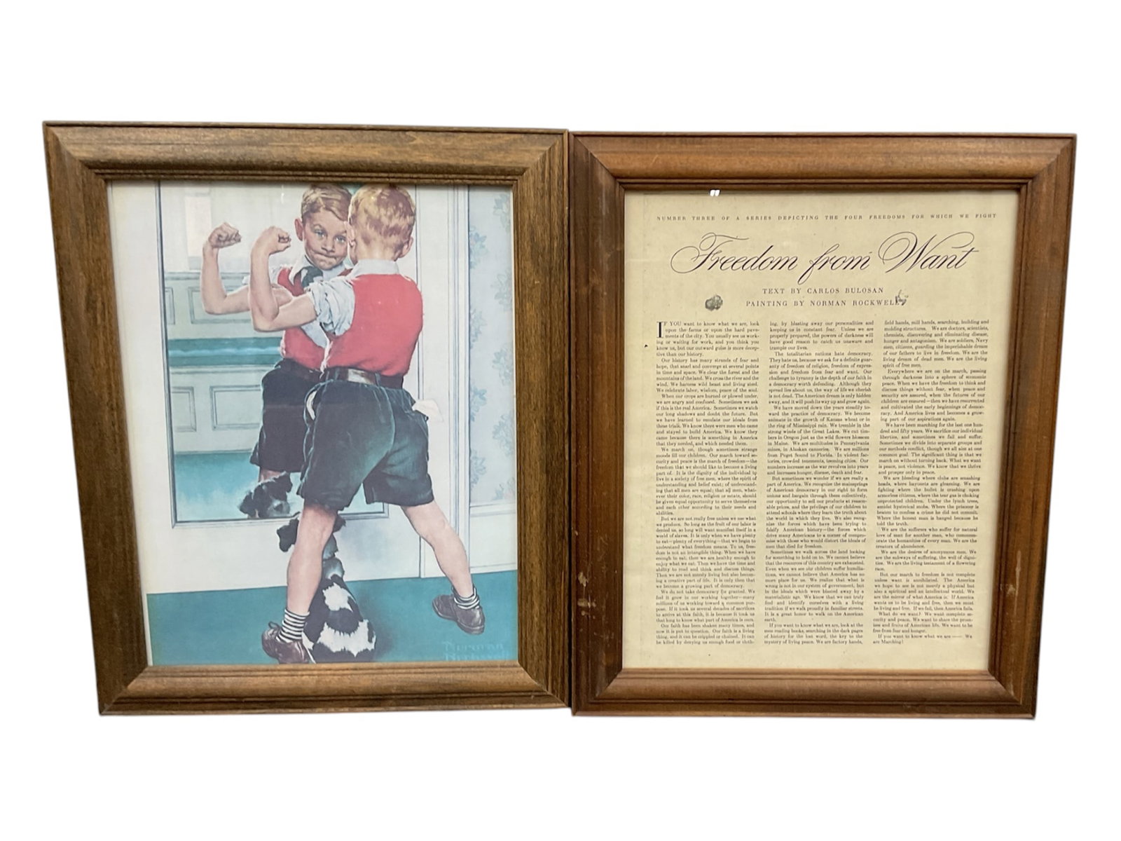 "The Strongman & Freedom from Want" by Norman Rockwell (United States, 1894-1978) Pair (2) of Framed: This lot includes two framed vintage pieces by Norman Rockwell. The first is a vibrant illustration titled "The Strongman," depicting a young boy flexing his muscles in front of a mirror wit