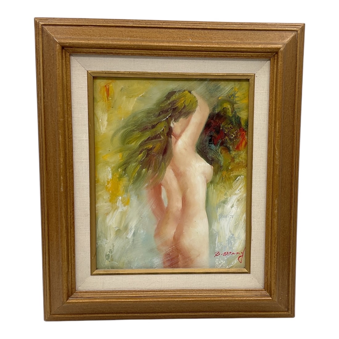 Nude Female Painting by B. Danny Oil on Canvas: A vintage original oil painting depicting a semi-nude female figure shown from the back, rendered in an impressionist style with soft, expressive brushwork. The composition highlights the natural form
