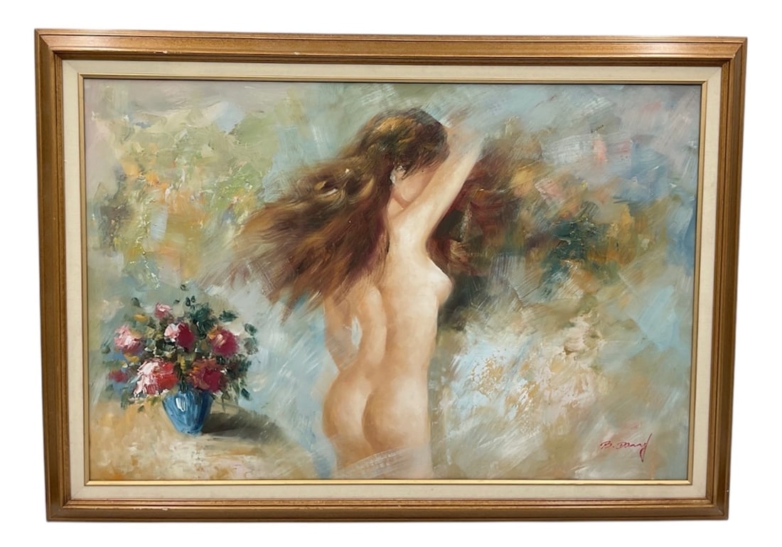 Impressionist Nude Woman With Flowers by B. Danny Oil Painting: A vintage original oil painting titled Impressionist Woman With Flowers, depicting a semi-nude female figure in a dynamic, expressive pose with flowing hair, set beside a vibrant floral arrangement in