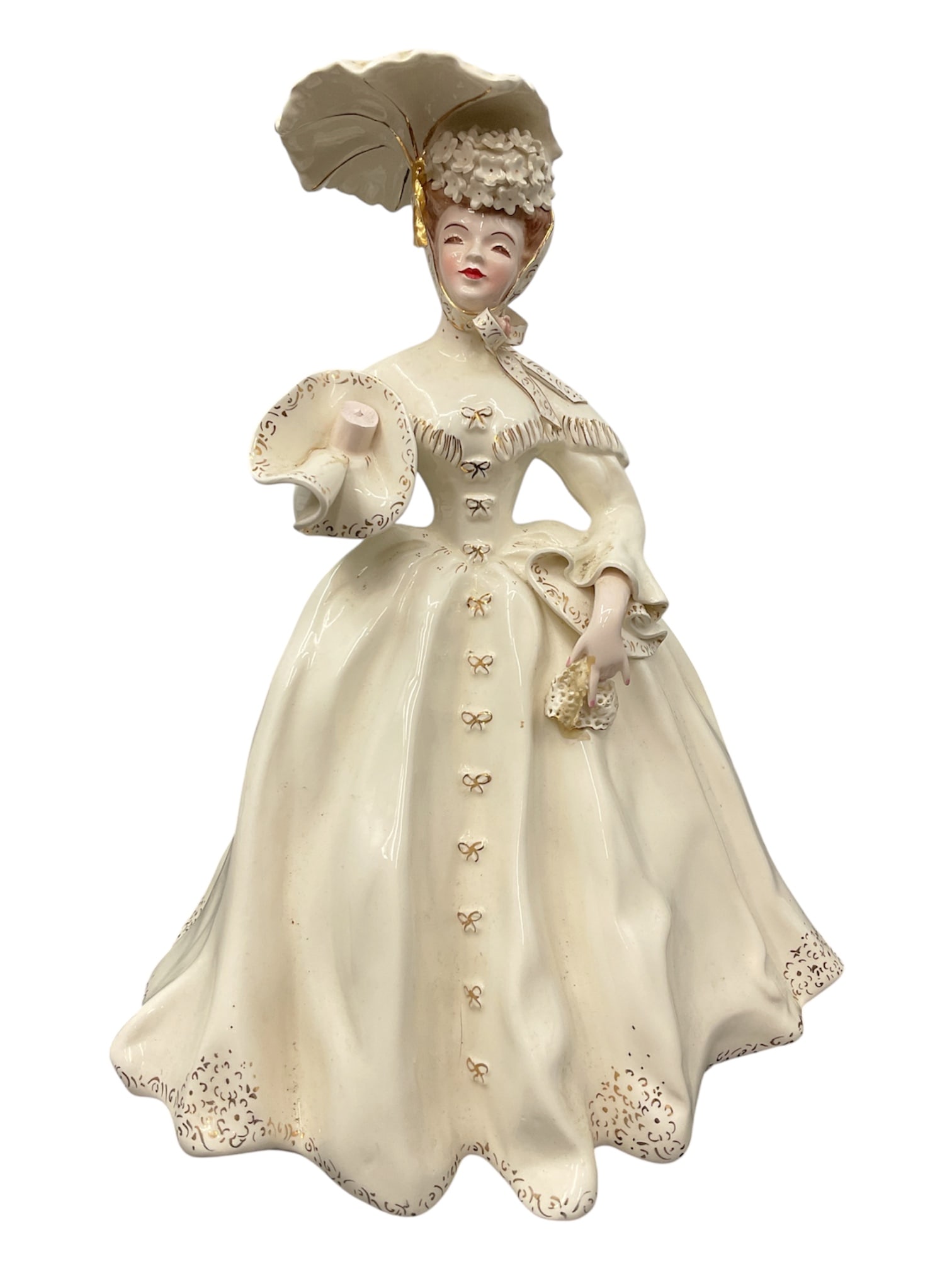Florence Ceramics “Victorian Lady?? Figurine, Pasadena California: Elegant mid-century porcelain figurine by Florence Ceramics, Pasadena, California, depicting a refined Victorian lady in a flowing ivory gown with gilt accents. The figure is finely modeled with a fit