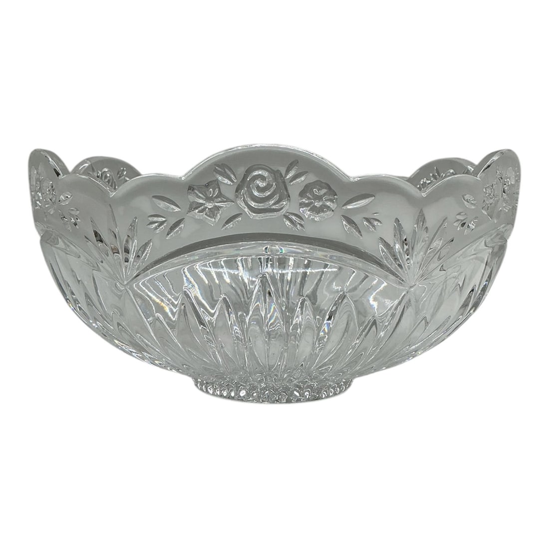 Pressed Glass Floral Scalloped Serving Bowl: A clear pressed glass serving bowl featuring a scalloped rim with molded floral motifs, including rose and leaf designs along the upper border. The body displays deep vertical and