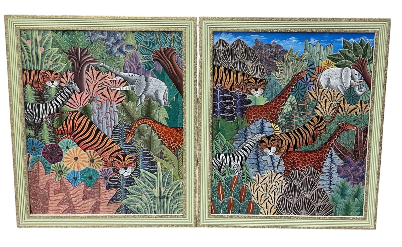 Pair of Jungle Scene Paintings: A vibrant pair of jungle scene paintings depicting exotic wildlife including zebras, giraffes, elephants, and tigers set within lush tropical foliage. The compositions are rendered in a stylized