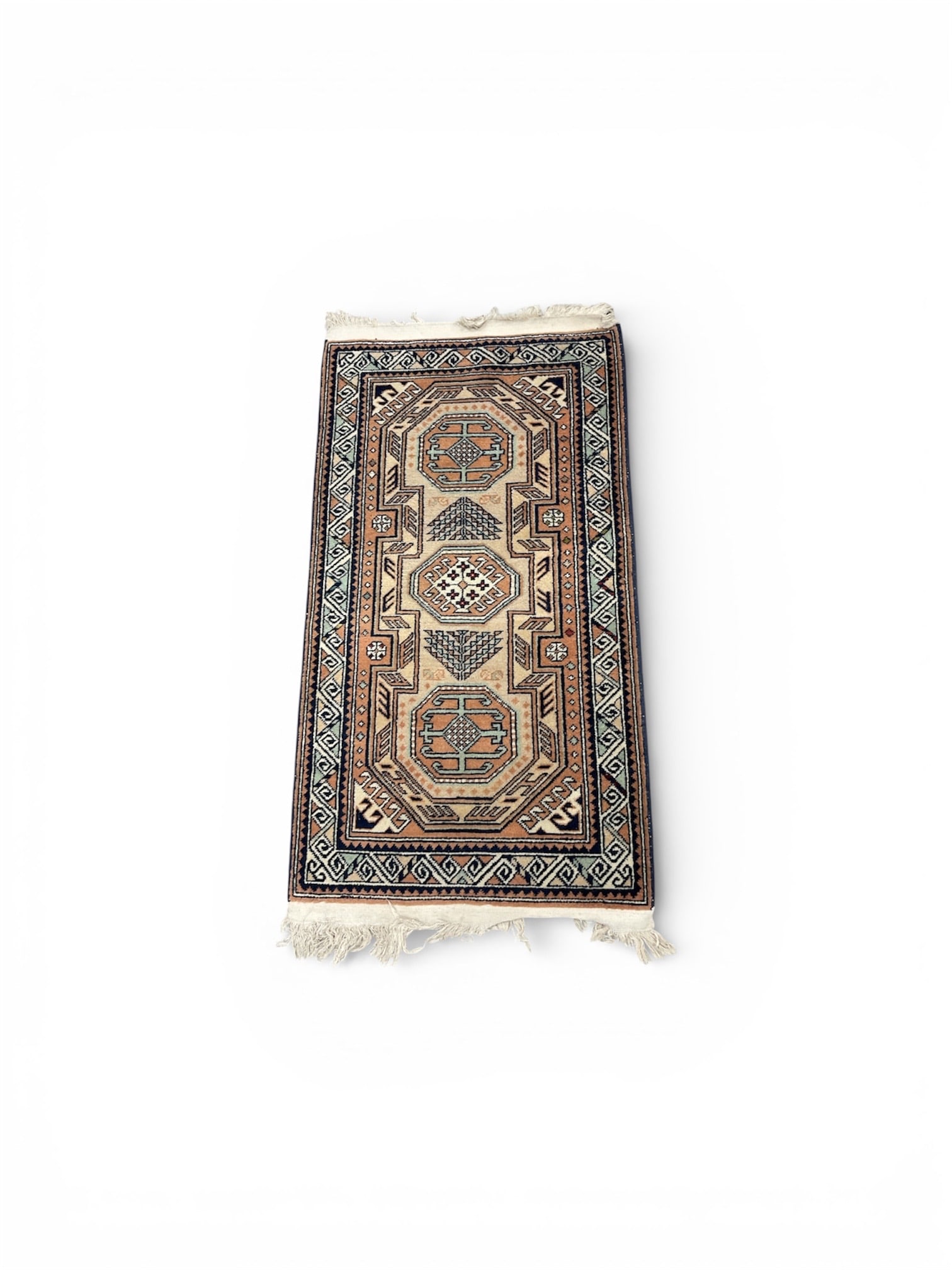Vintage Hand-Knotted Afghan Baluchi / Turkmen Tribal Wool Rug (Approx. 3x6 ft): This exquisite hand-knotted wool rug runner features a classic Kazak-inspired design characterized by bold geometric motifs and a sophisticated earthy palette. The central field showcases three distin