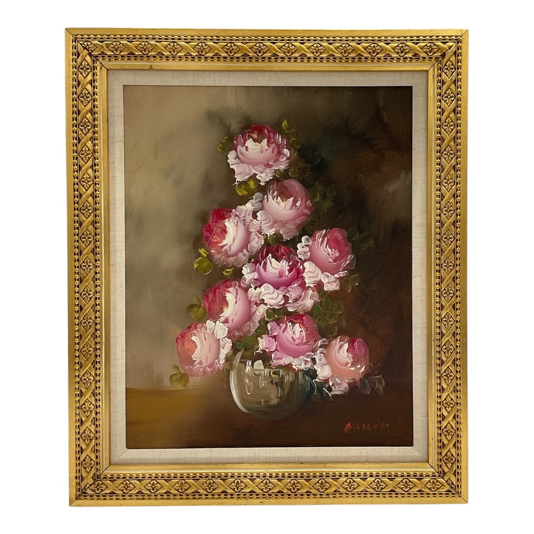 Floral Still Life Painting Signed Silva: A decorative floral still life painting depicting a bouquet of pink blossoms arranged in an ornate vase. The composition is rendered in a soft, impressionistic style with expressive brushwork and warm