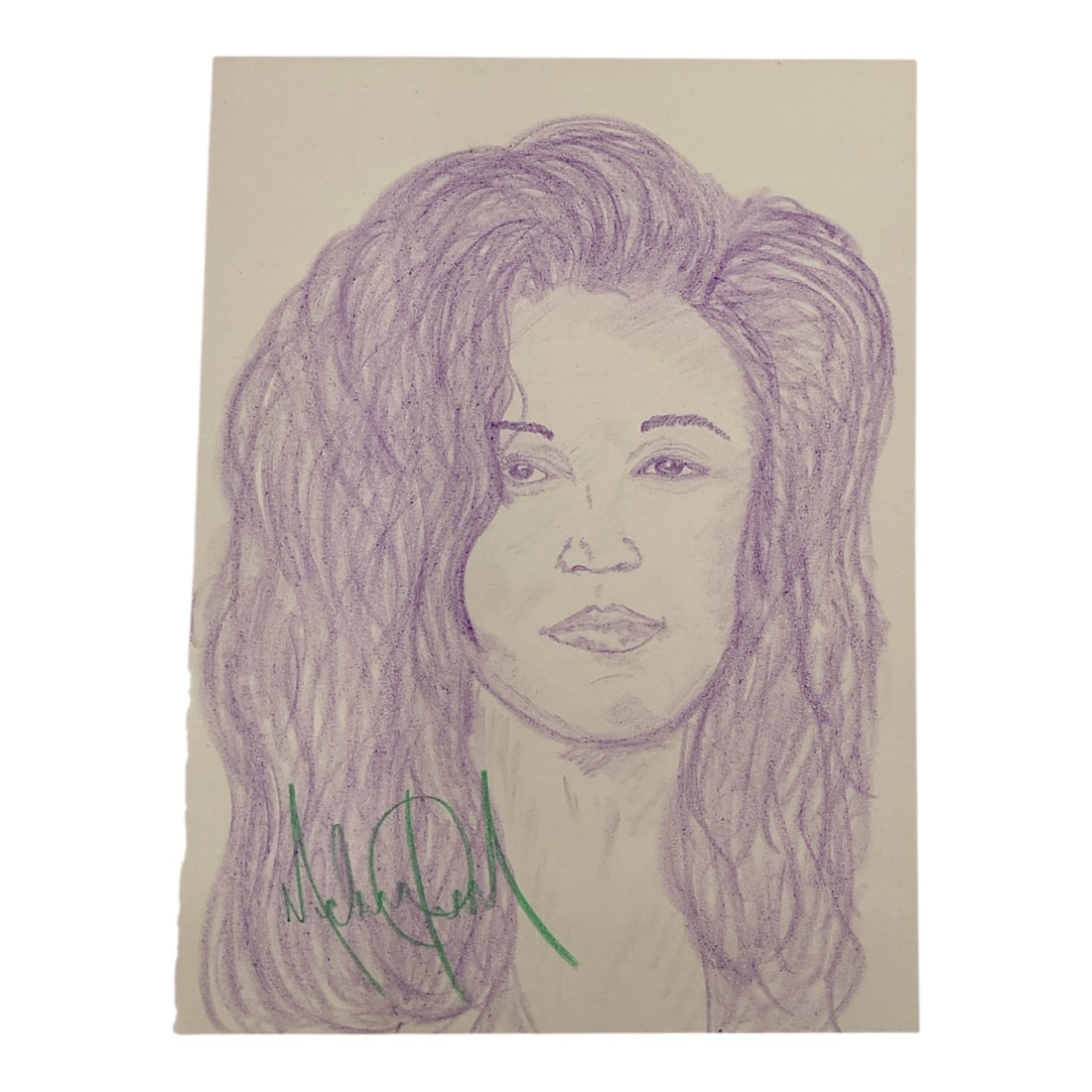 "Elizabeth Taylor" by Michael Jackson (United States, 1958-2009) Marker on paper.: This lot features an original portrait drawing of Elizabeth Taylor by Michael Jackson. The work is rendered in purple marker and is signed by the artist in green marker in the lower left corner. S