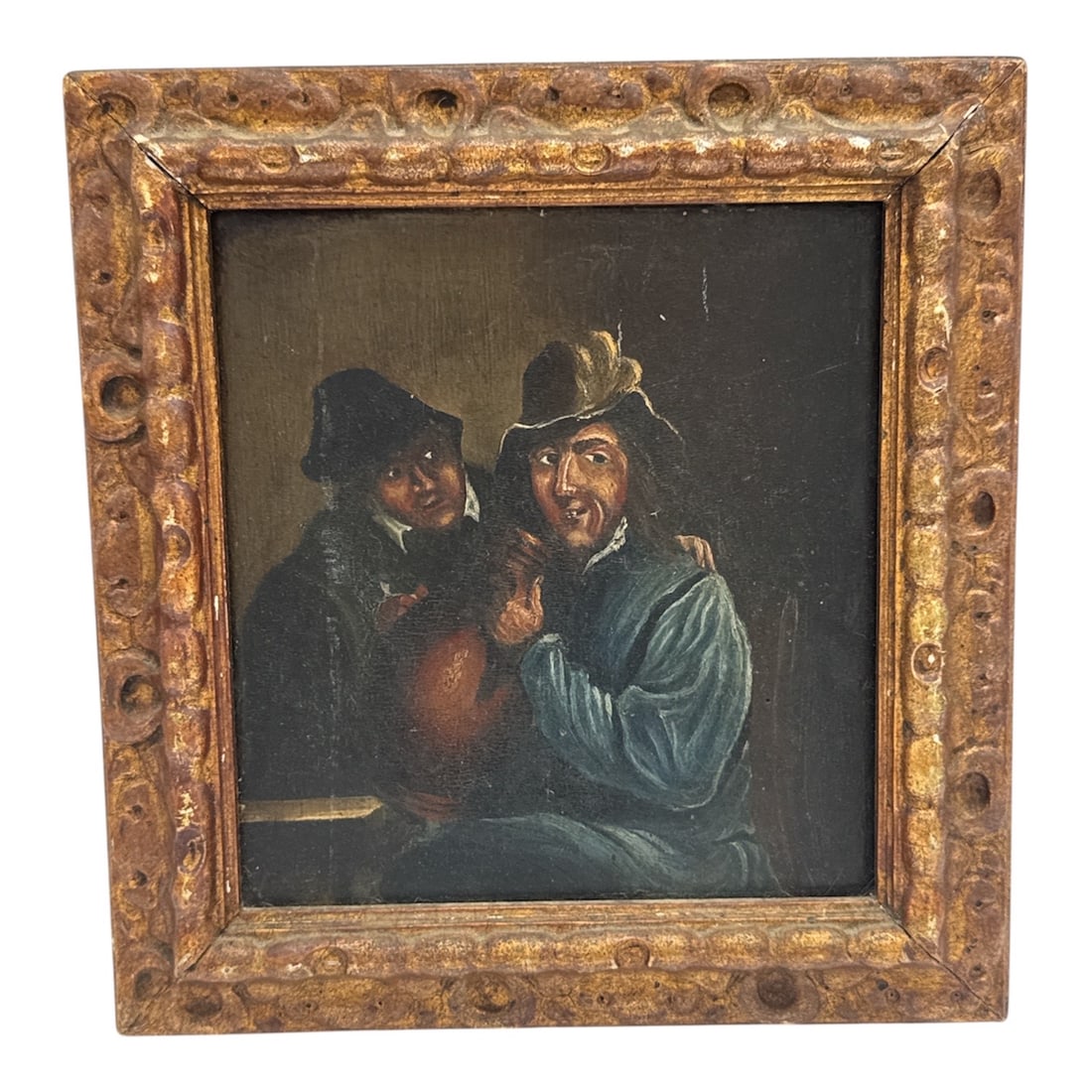 "Two Men Drinking" by After Adriaen Brouwer (Flemish, 1605-1638) Oil on Wood Panel: "Two Men Drinking" by After Adriaen Brouwer (Flemish, 1605-1638) Oil on Wood PanelThis oil on wood panel captures a lively tavern scene featuring two figures in a moment of convivialit