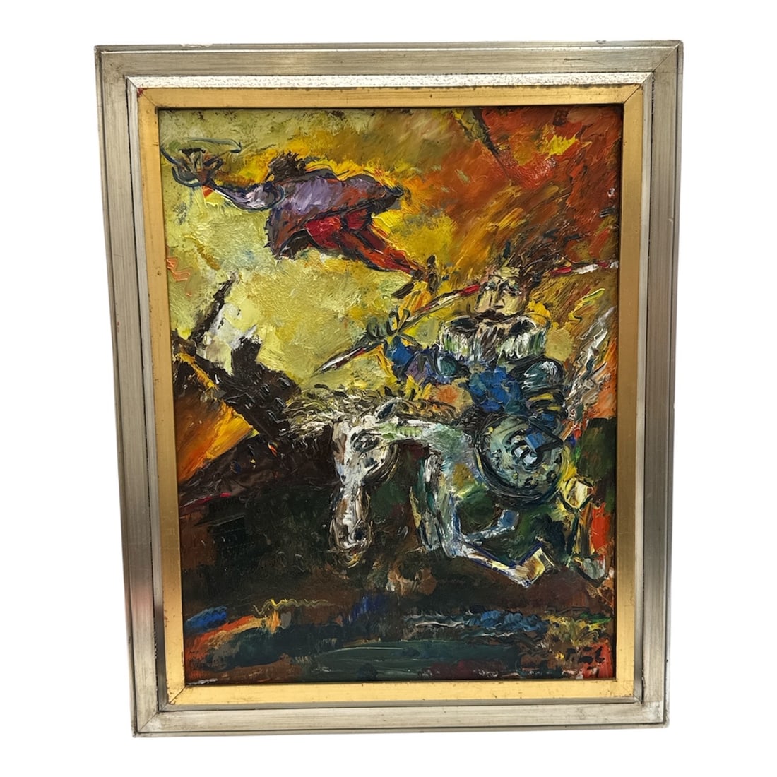 Erno Toth (Hungarian, b. 1949) "Don Quijote" Oil on Canvas: This dynamic expressionist work by renowned Hungarian artist Erno Toth depicts the iconic literary figure Don Quixote. Painted in 1991, the piece showcases Toth’s signature style, characterized 