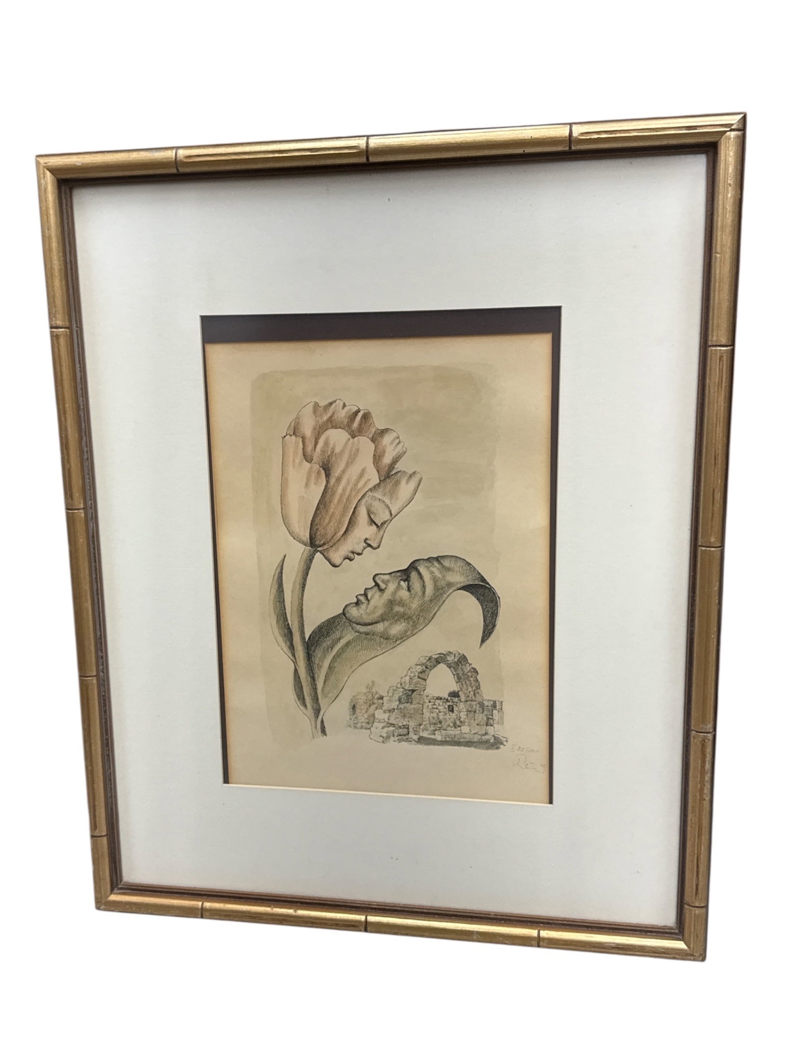"Surrealist Faces in Nature" by Unknown Artist, Lithograph: This surrealist composition features a delicate interplay between botanical and human forms. A tulip and its leaf are transformed into two profile faces in an intimate, near-touching pose, rendered wi