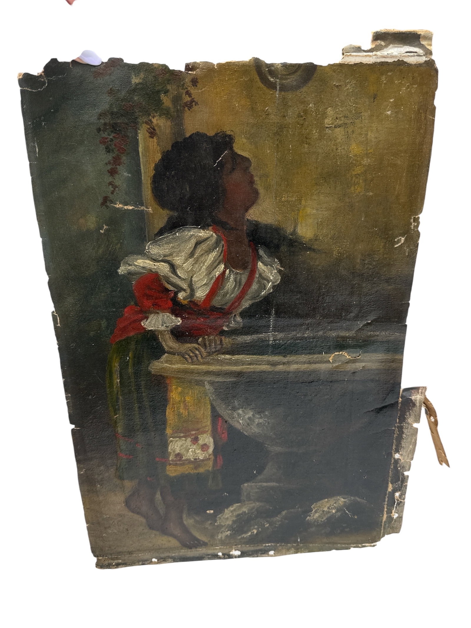 "Young Woman at the Fountain" by Artist Unknown (Spain/Mexico, 19th Century) Oil on Canvas: This 19th-century oil on canvas depicts a young woman in traditional folk attire, leaning over a stone basin or fountain. The figure is captured in profile, looking upward, wearing a white chemise wit