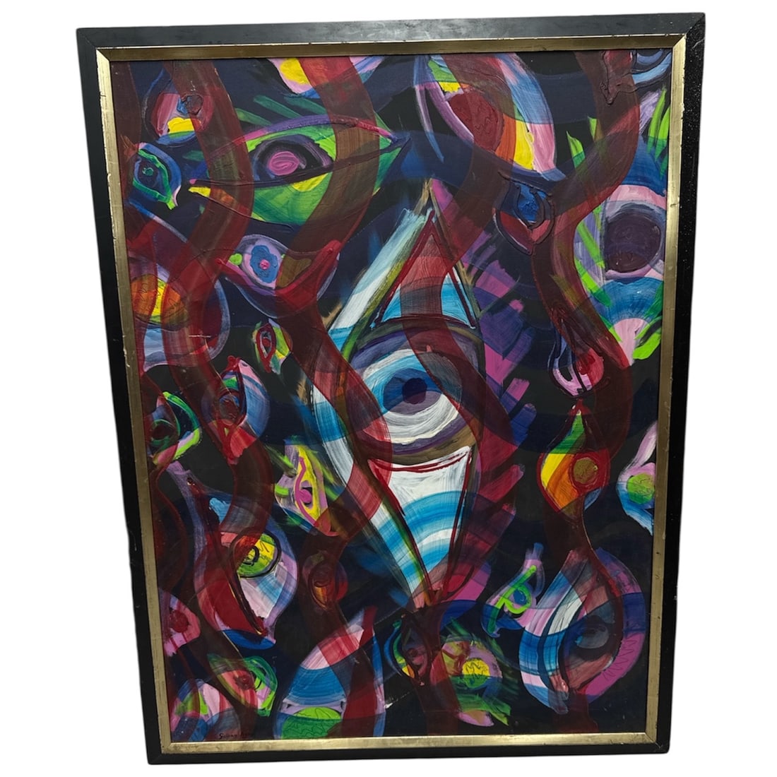 Attributed to Gillian Ayres (UK, 1930-2018) Oil on Canvas: This abstract composition showcases a vibrant interplay of organic, eye-like forms and bold gestural marks. Swirling red translucent bands sweep vertically across the canvas, layering over a deep, dar