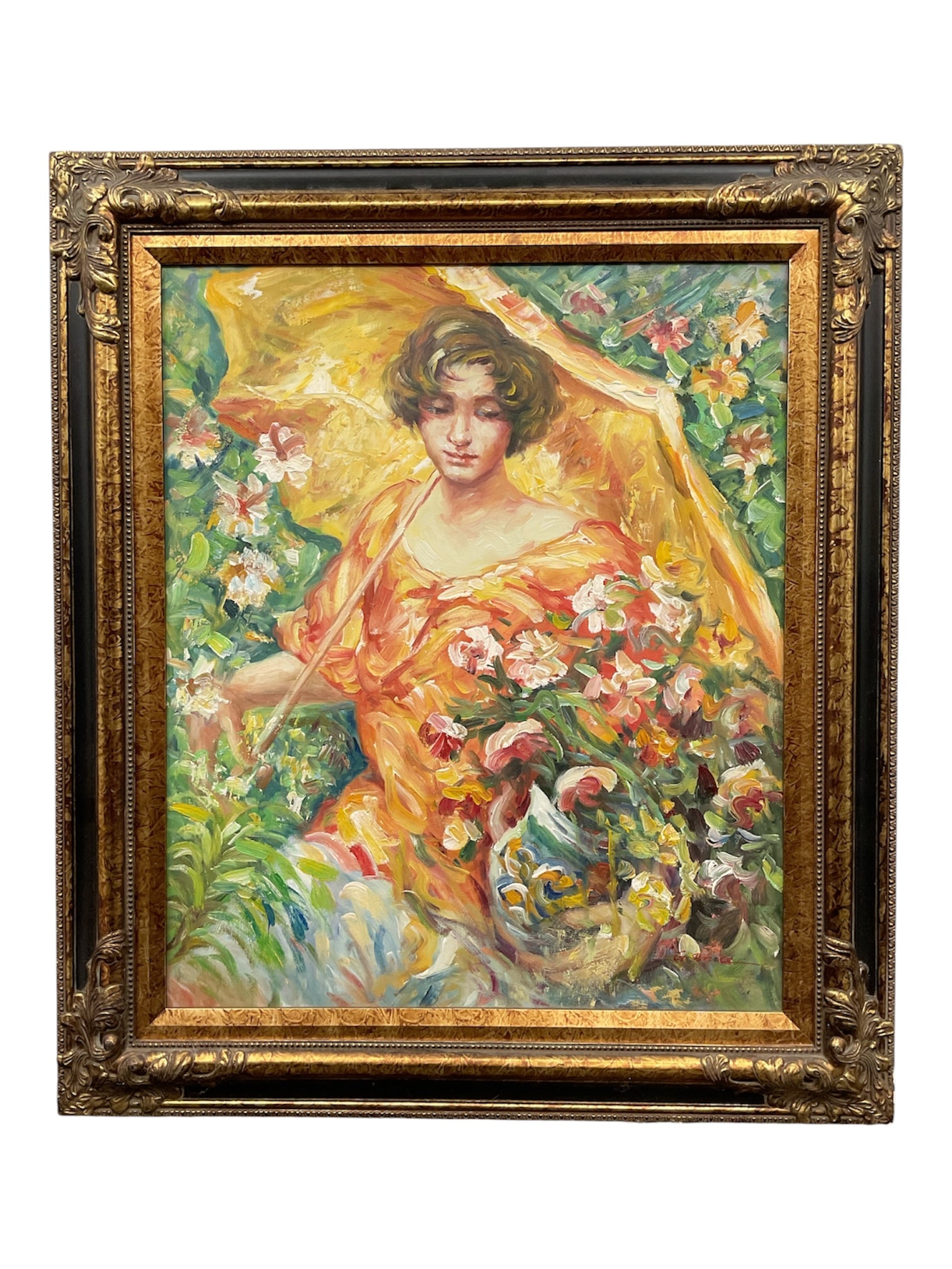 Impressionist Style Lady with Parasol and Flowers, Signed Oil on Canvas: A vibrant impressionist-style oil painting depicting a young woman seated in a lush garden setting, holding a bouquet of flowers beneath a wide-brimmed yellow parasol. The composition is rich with exp