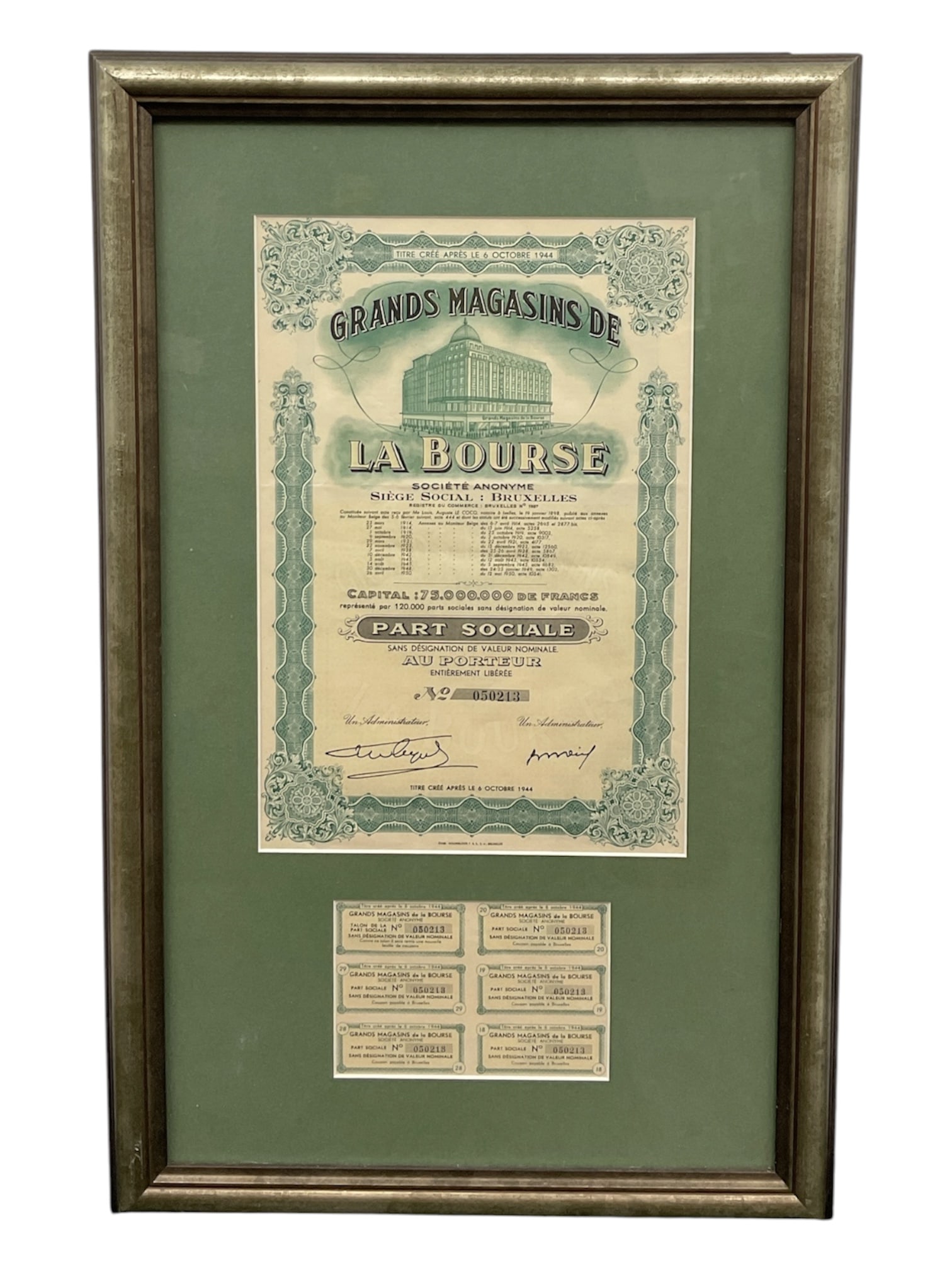 Grands Magasins de la Bourse (Bruxelles) Framed Share Certificate with Coupons: Decorative framed European share certificate issued by Grands Magasins de la Bourse, a Brussels-based department store company. The certificate, printed in French, features an engraved vignette of