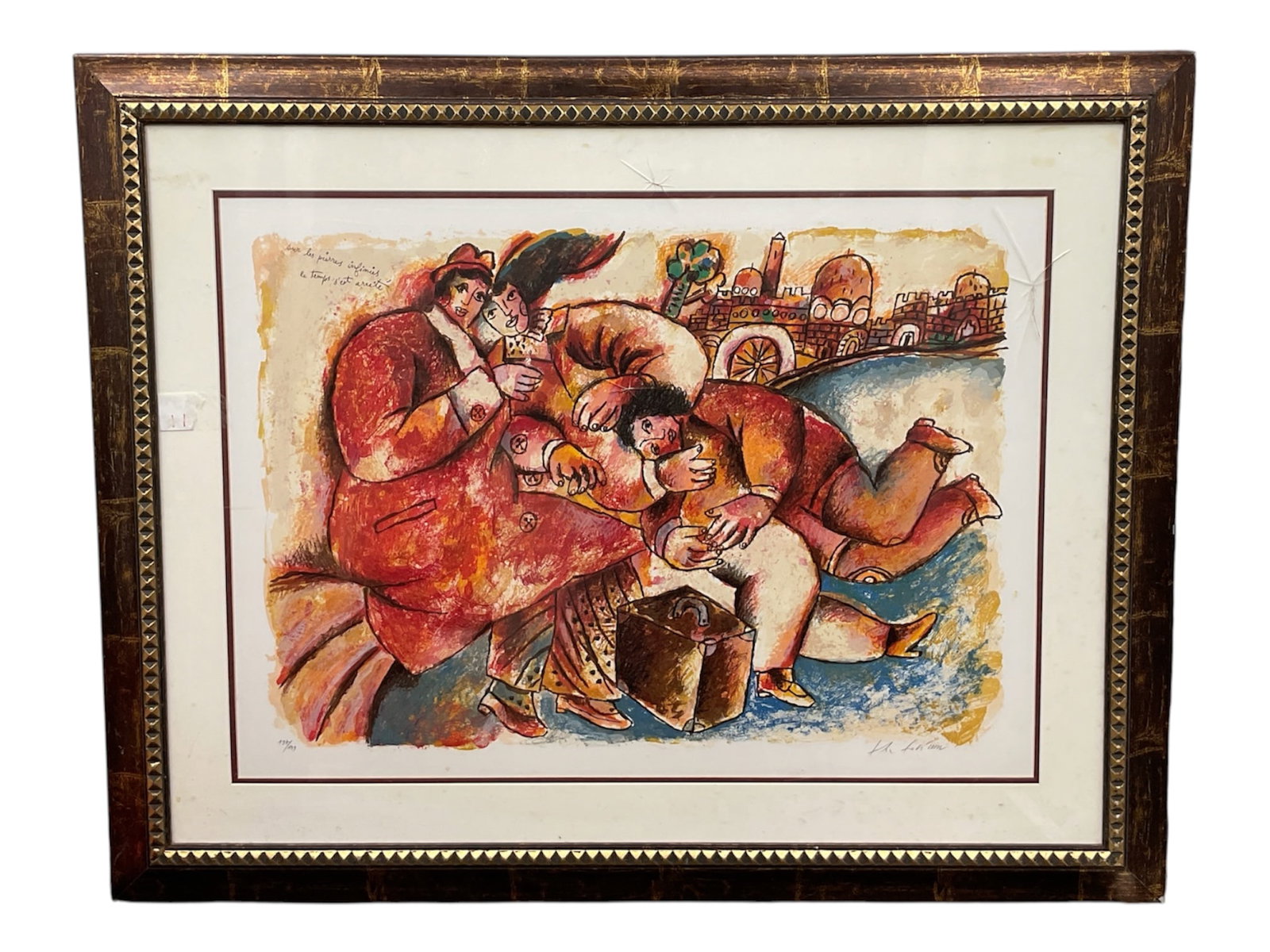 “Sur les Pierres?? by Theo Tobiasse (Israeli/French, 1927–2012) Limited Edition Lithograph: Vibrant and expressive limited edition lithograph by noted artist Theo Tobiasse, titled “Sur les Pierres.” The composition features Tobiasse’s characteristic whimsical figures render