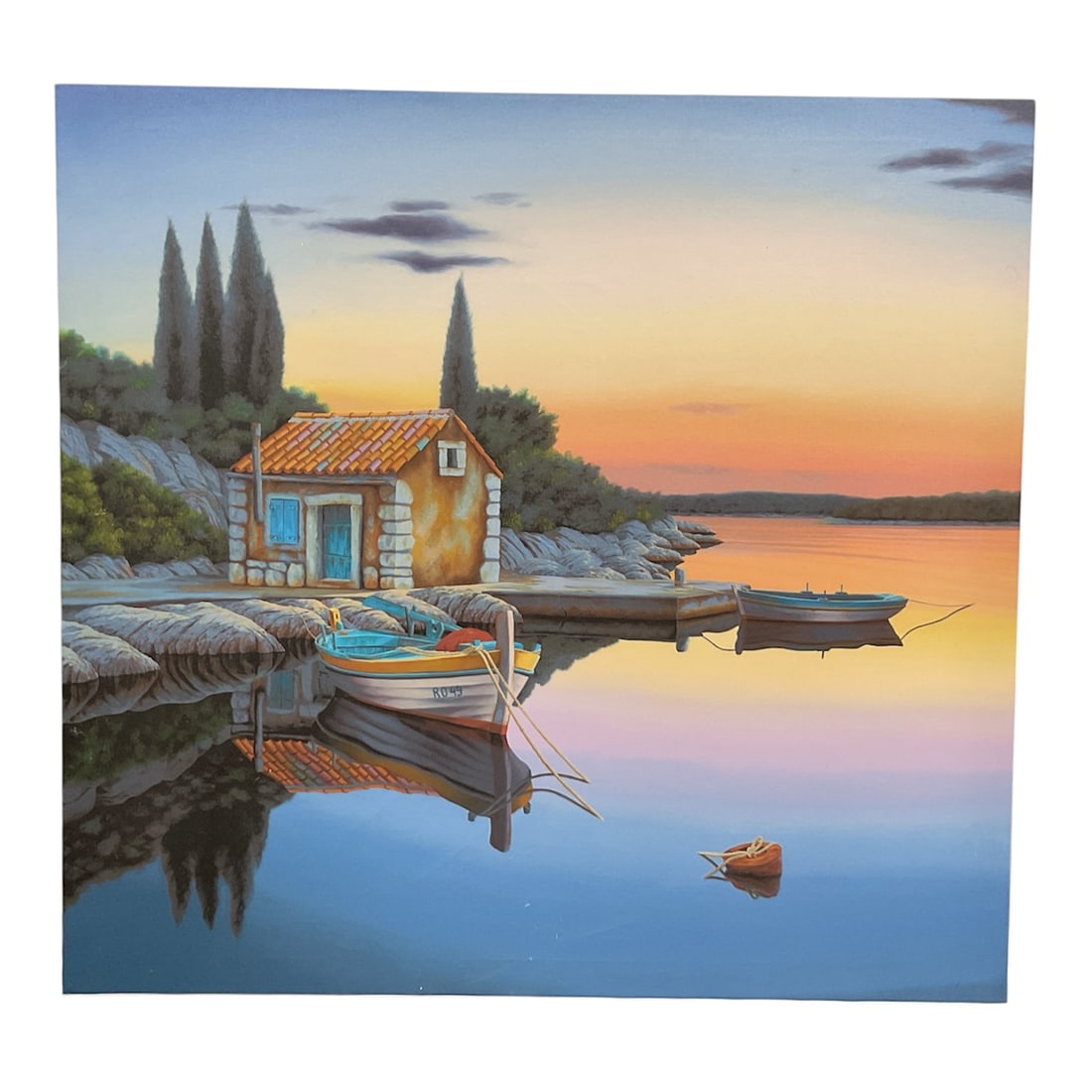 Mediterranean Harbor Scene with Boats at Sunset (20th Century) Oil on Canvas: Original oil on canvas depicting a Mediterranean-style harbor at sunset. The composition centers on a small stone cottage with a terracotta roof set along a calm shoreline, accompanied by moored woode