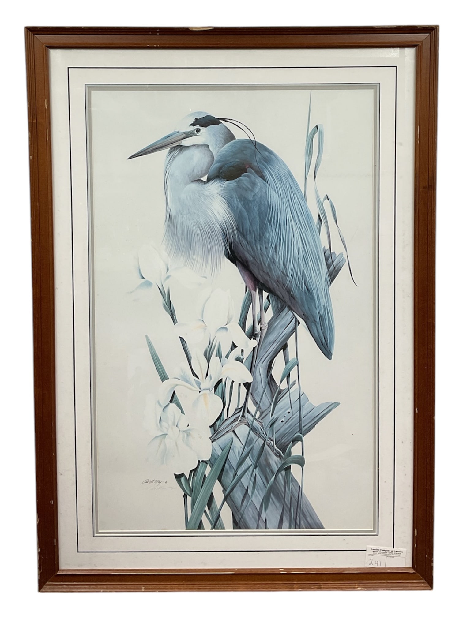“Great Blue Heron with White Irises?? by Art LaMay Limited Edition Print: Large-format limited edition print depicting a great blue heron perched among white irises, rendered in a soft, naturalistic palette. The composition emphasizes fine feather detail and elegant posture