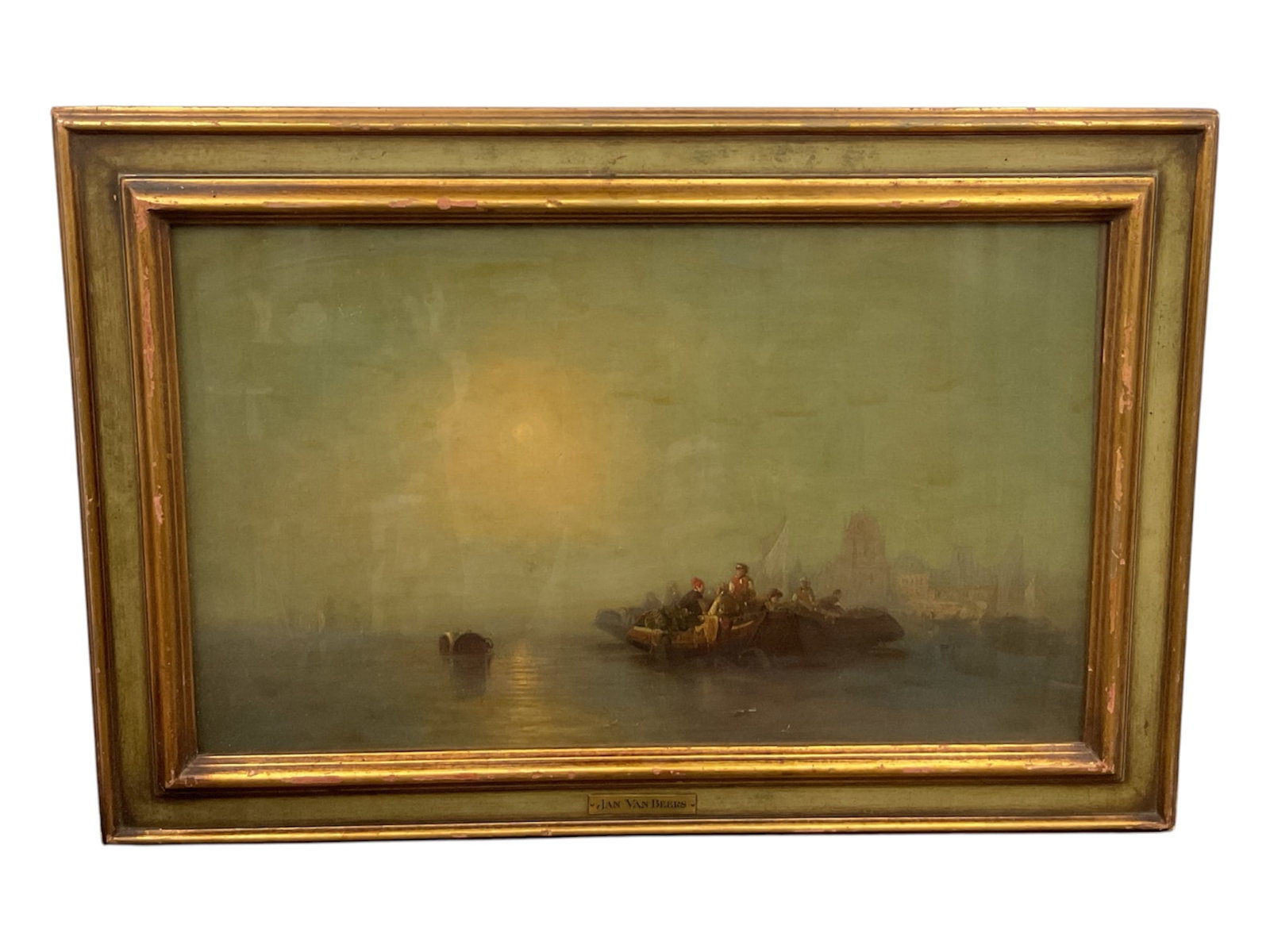After Jan Van Beers Harbor Scene with Figures in Boats Oil on Canvas: Atmospheric harbor scene painted in the style of Jan Van Beers (Belgian, 1852–1927), depicting a small group of figures gathered in boats on calm water at either sunrise or sunset. The compositi
